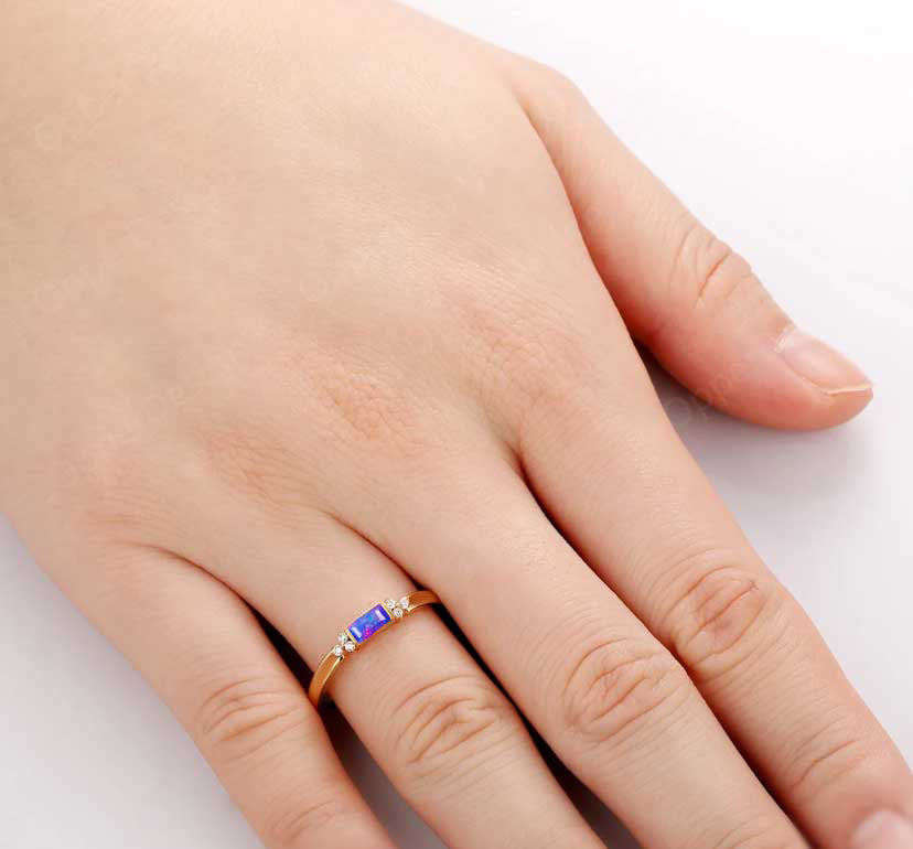 Baguette Shape Natural Lavender Opal Designer Ring in Gold Filled & Sterling Silver