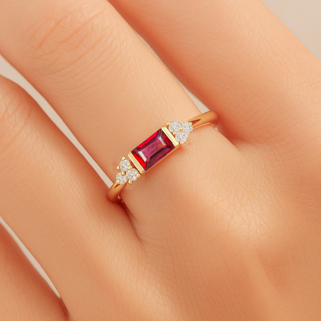 Baguette Shape Natural Ruby Designer Ring in Gold Filled & Sterling Silver
