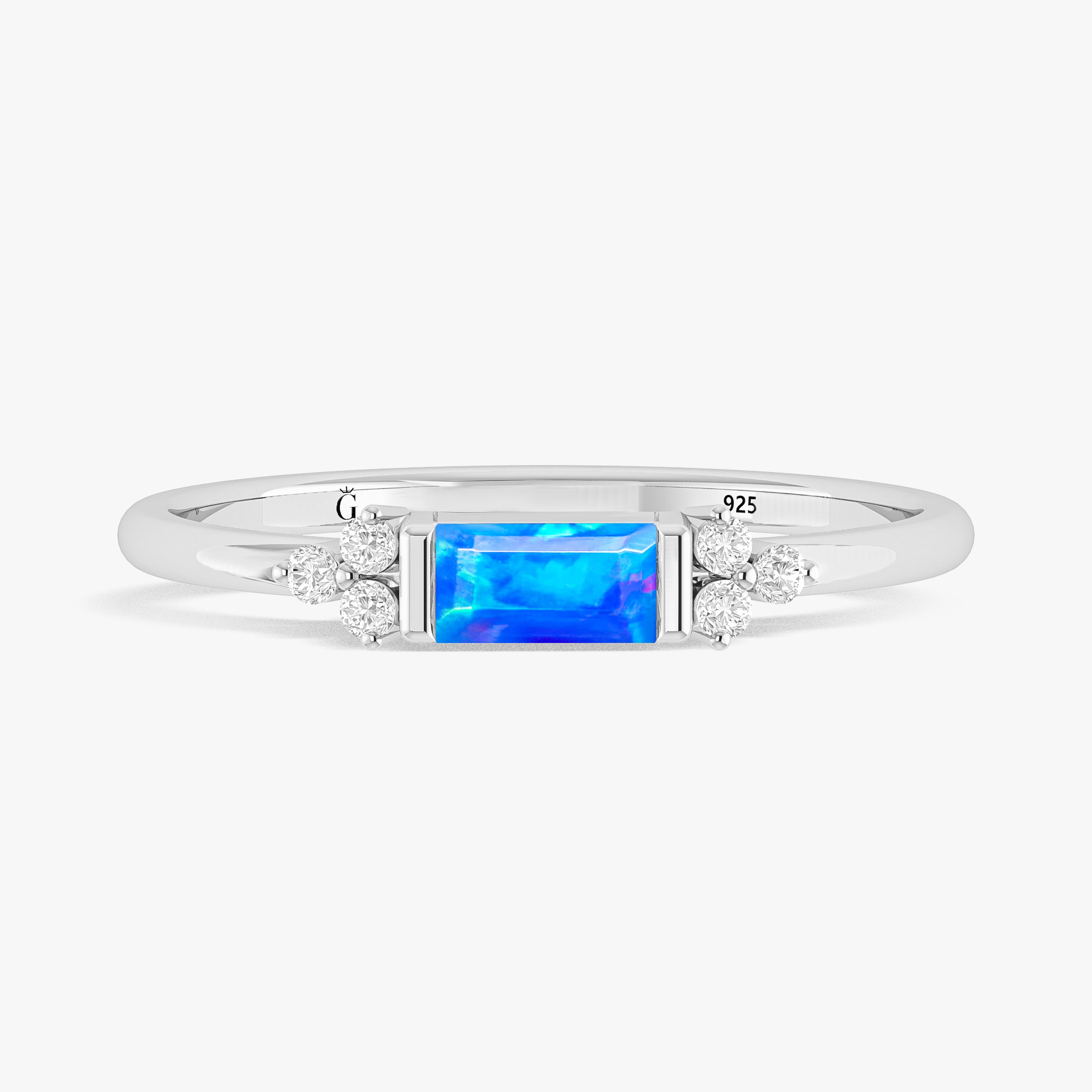 Baguette Shape Natural Blue Opal Designer Ring in Gold Filled & Sterling Silver