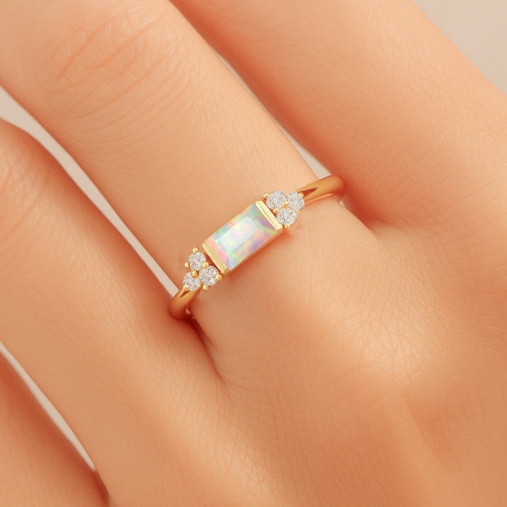 Baguette Shape Natural White Opal Designer Ring in Gold Filled & Sterling Silver