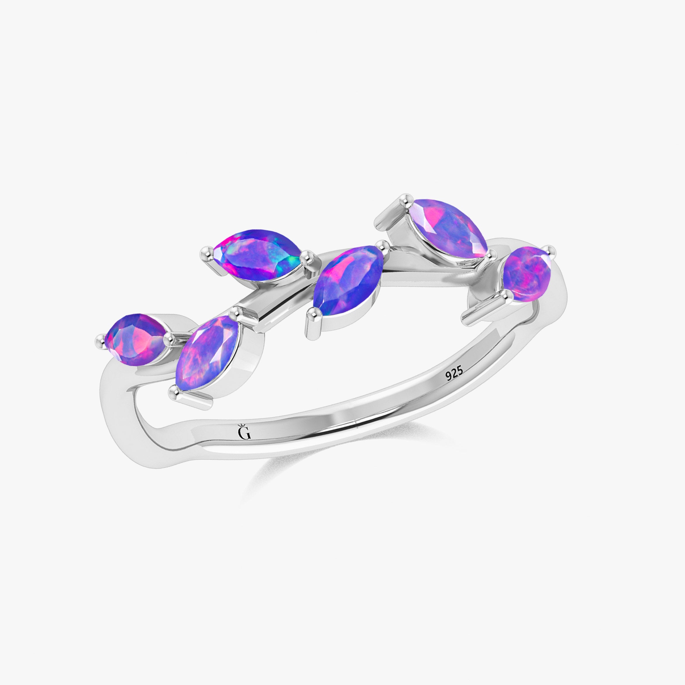 Natural Lavender Opal Leaf Style Six Stone Gold Filled & 925 Silver Ring