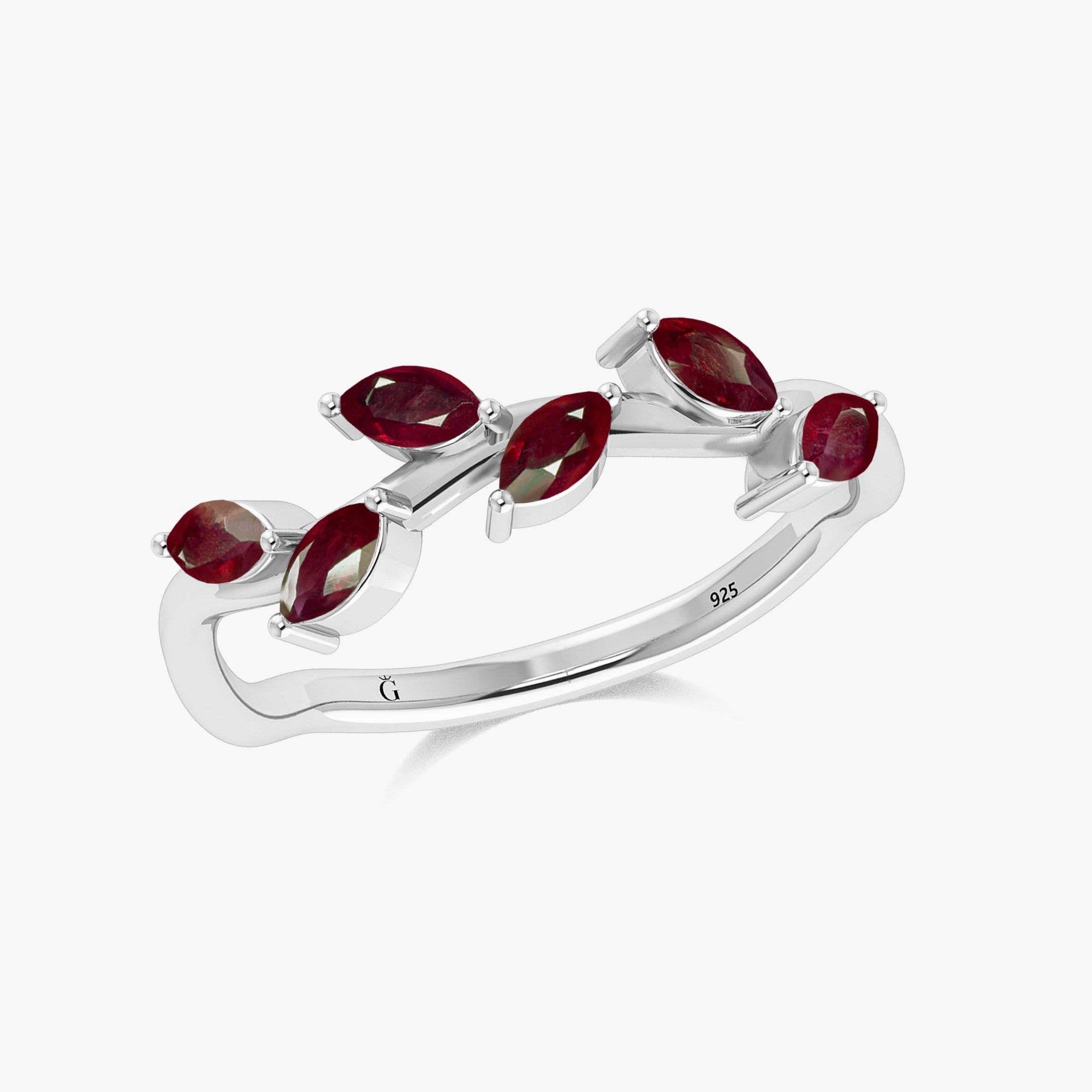 Natural Ruby Leaf Style Six Stone Gold Filled & 925 Silver Ring