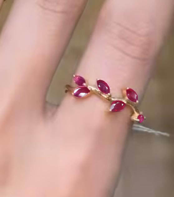 Natural Ruby Leaf Style Six Stone Gold Filled & 925 Silver Ring