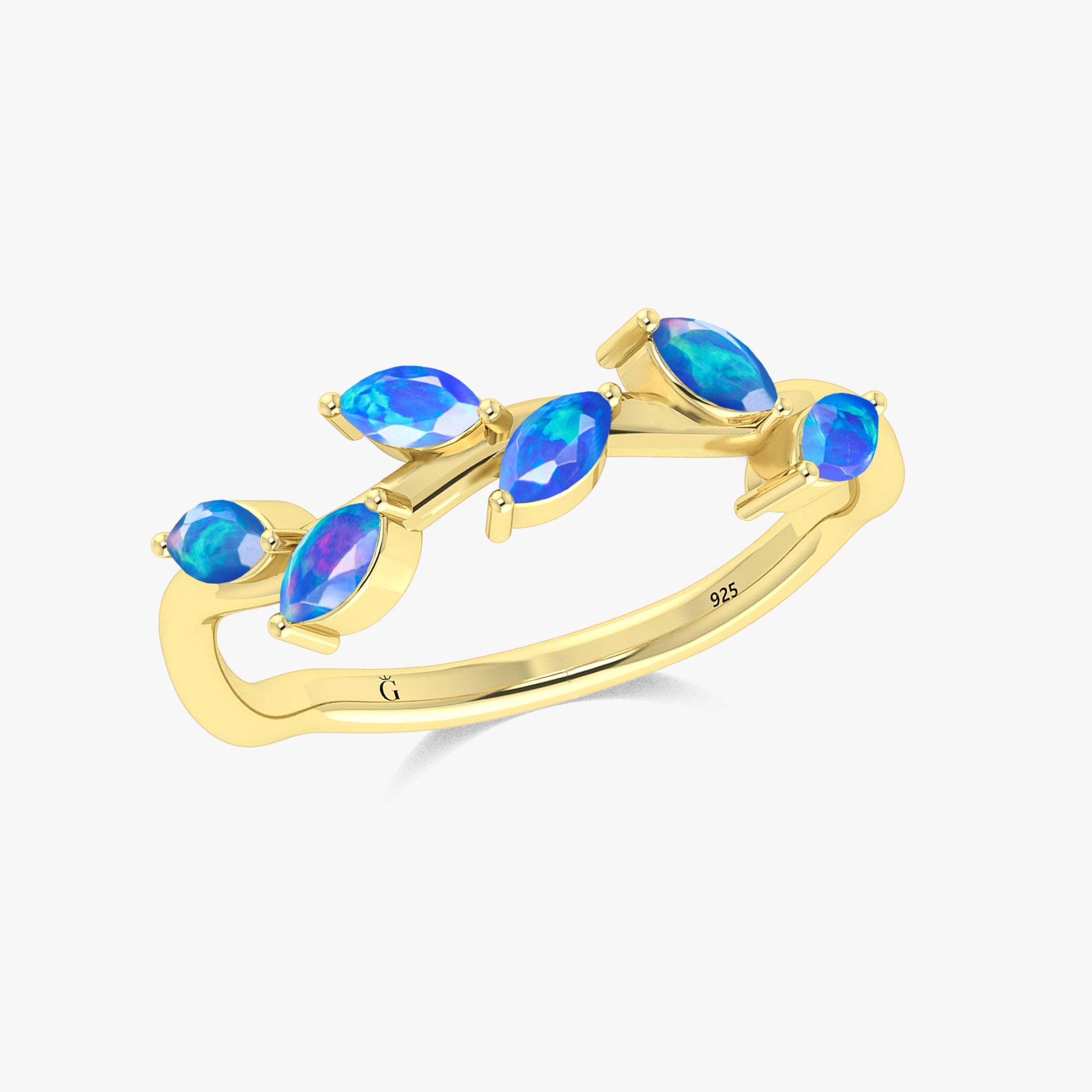 Natural Blue Opal Leaf Style Six Stone Gold Filled & 925 Silver Ring