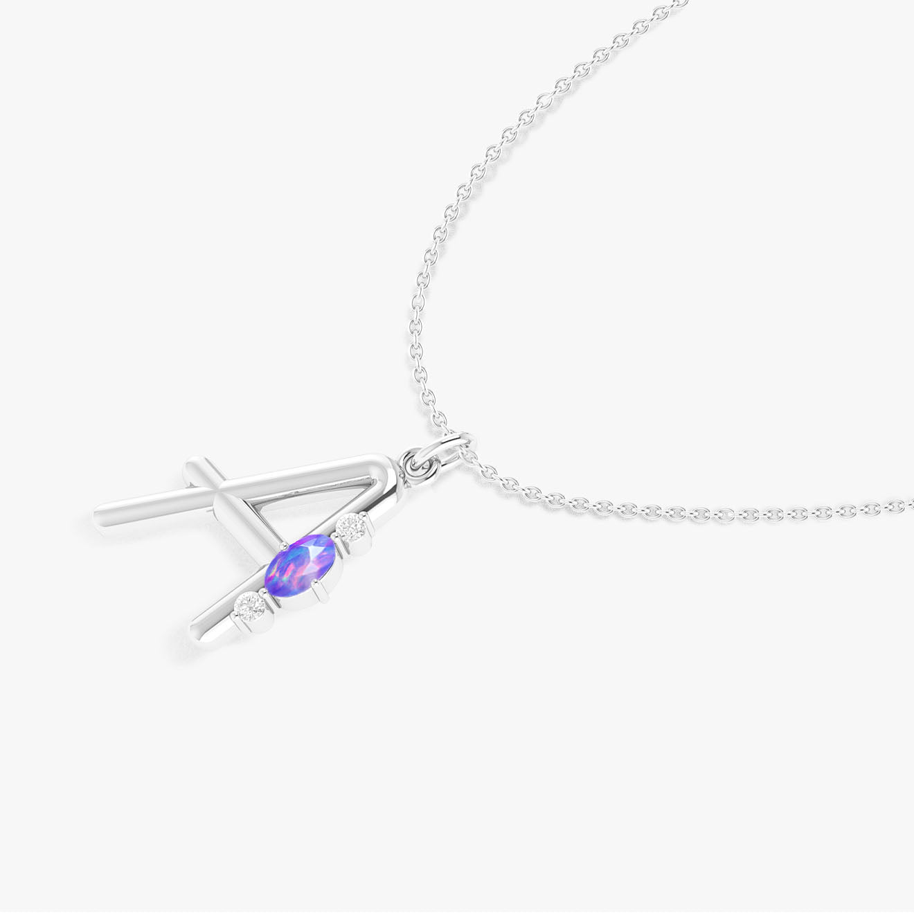 Alphabet Initial A Pendant Necklace with Natural Lavender Opal & Zircon