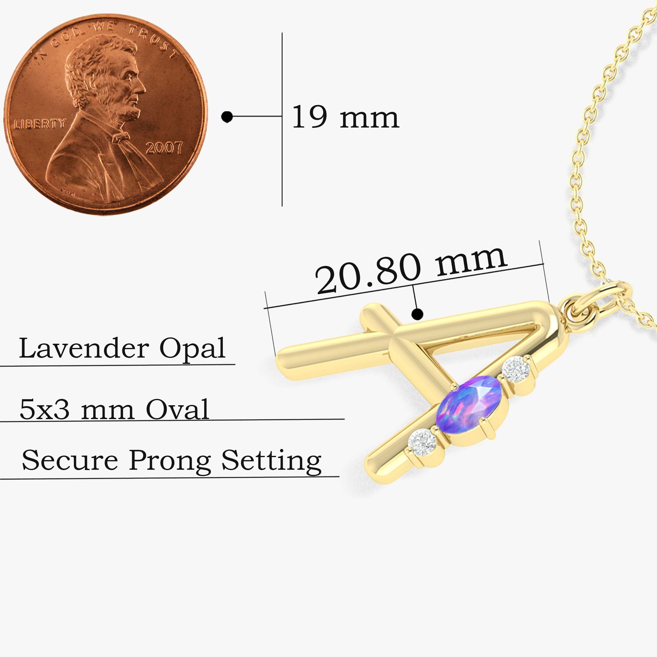Alphabet Initial A Pendant Necklace with Natural Lavender Opal & Zircon