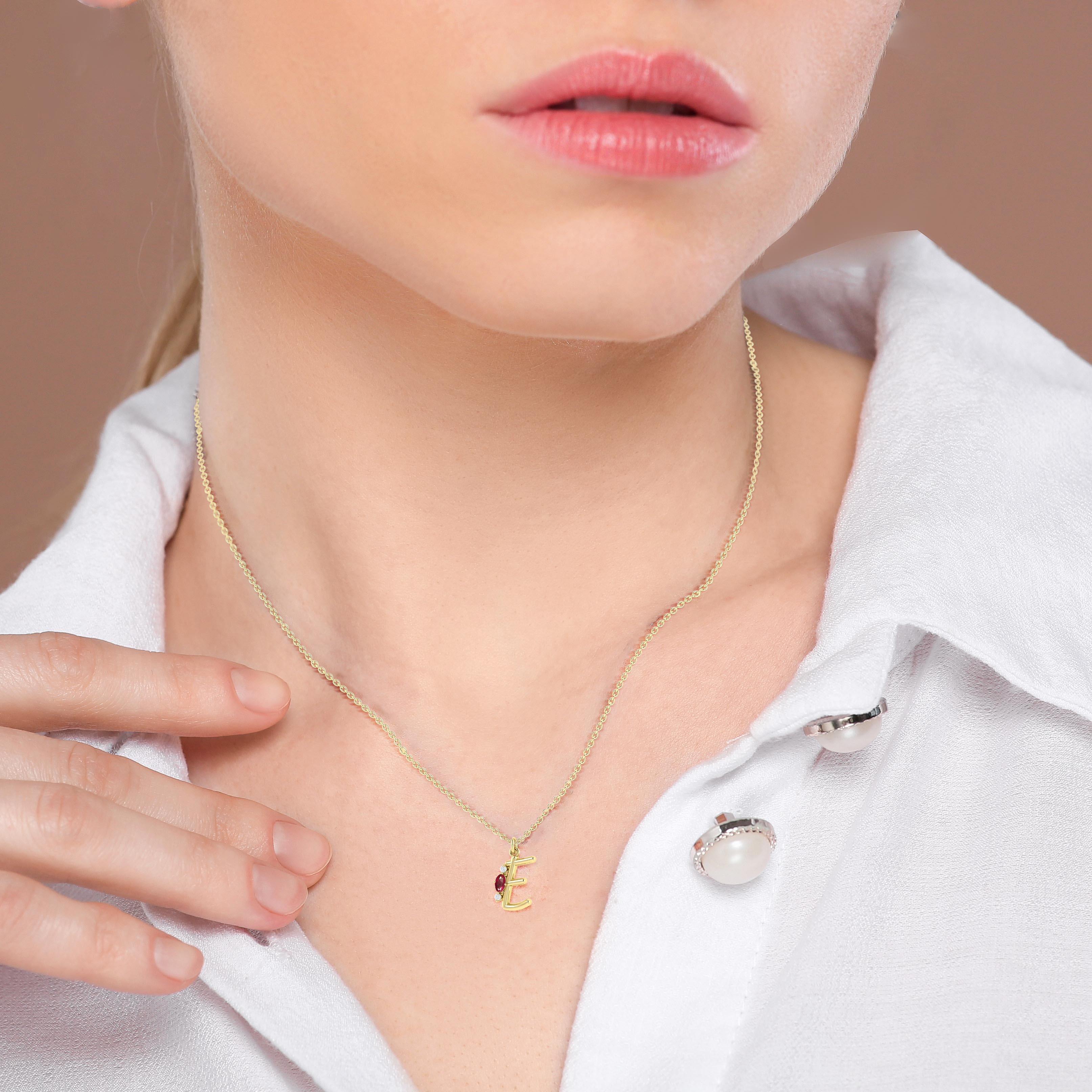 Ruby Gemstone Capital "E" Initial Necklace