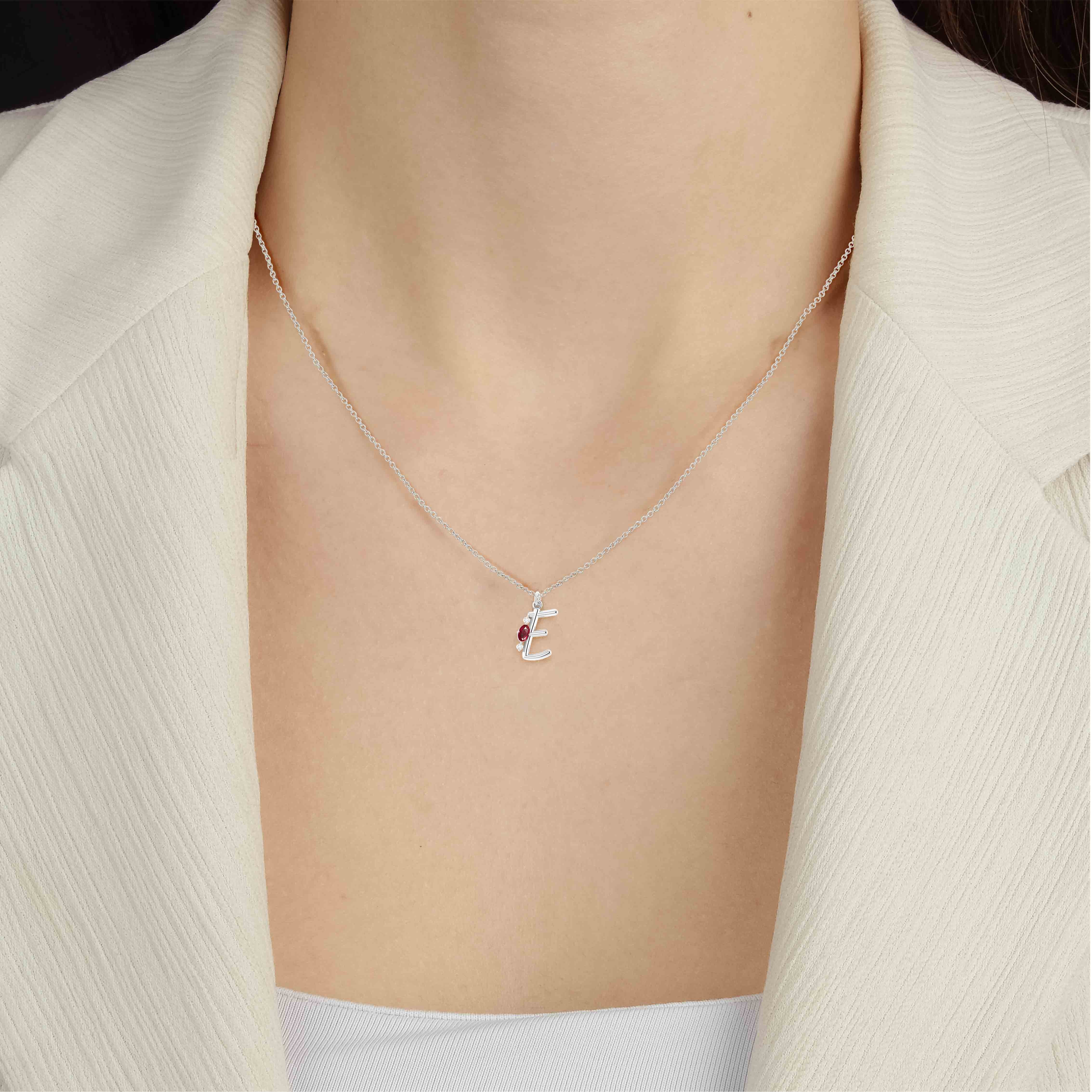 Ruby Gemstone Capital "E" Initial Necklace