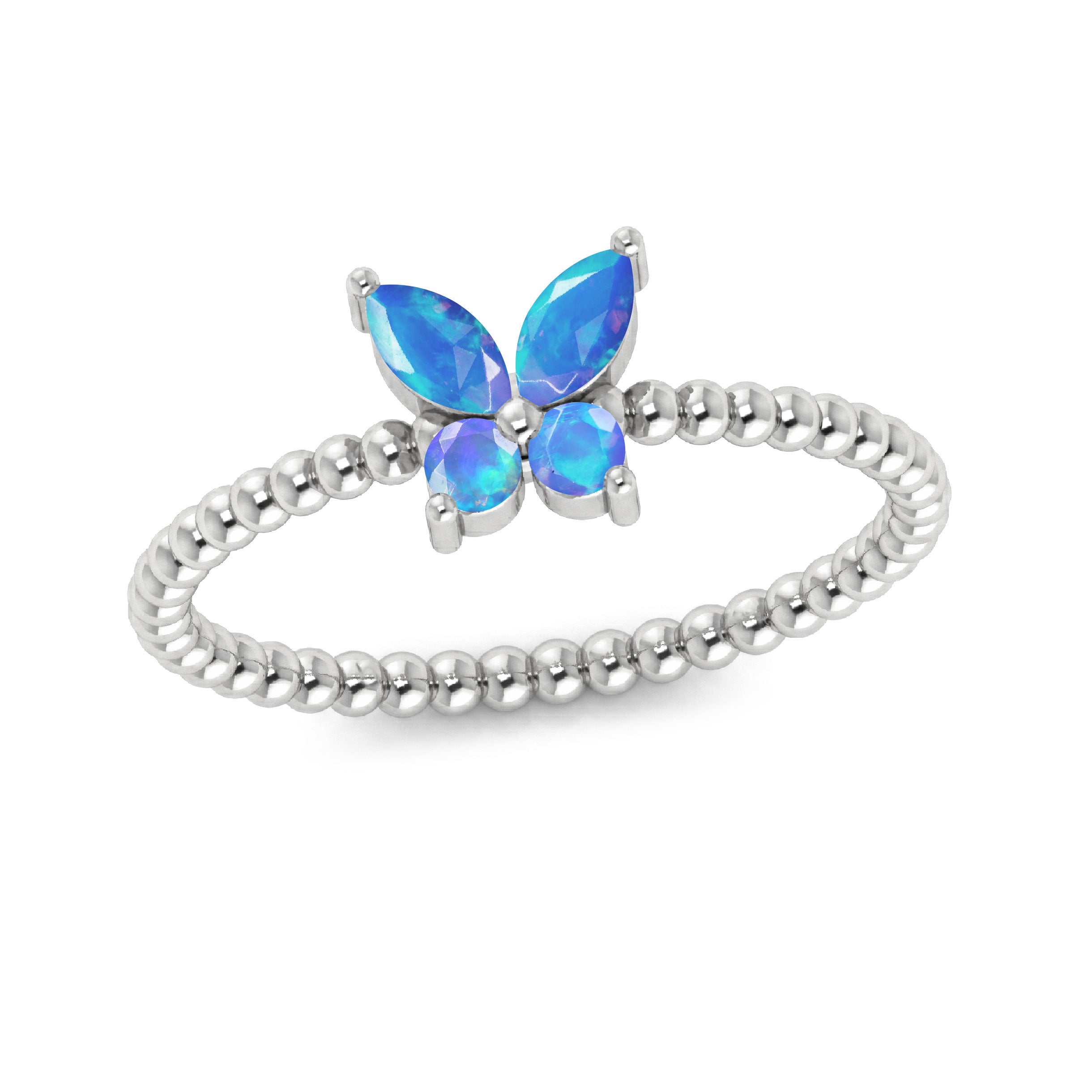 Natural blue opal gemstone butterfly ring featuring two marquise blue opal stones, two round accent stones, and a graceful butterfly silhouette