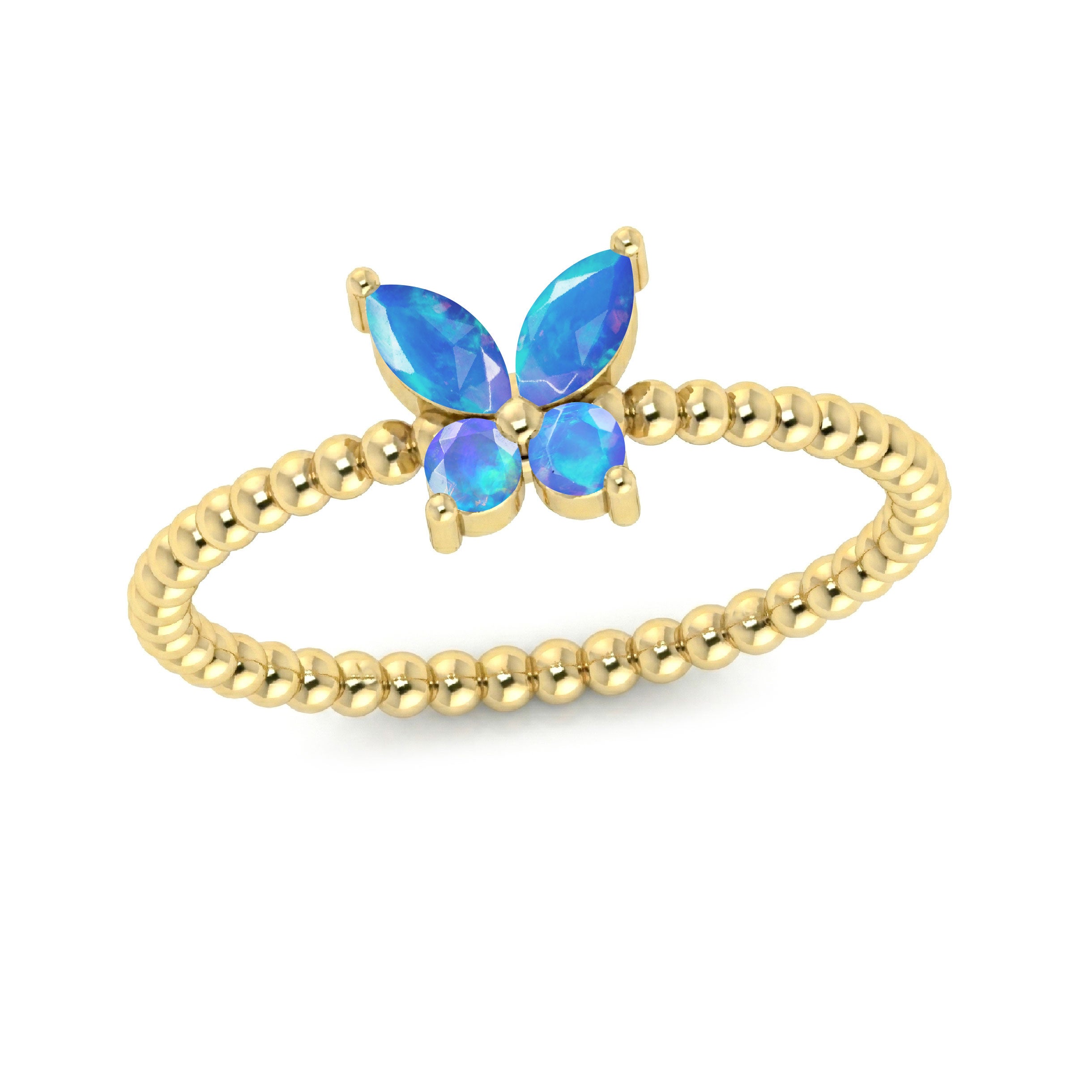 Natural blue opal butterfly ring with luminous blue marquise gemstones, round opal accents, and polished 925 sterling silver beaded band for women