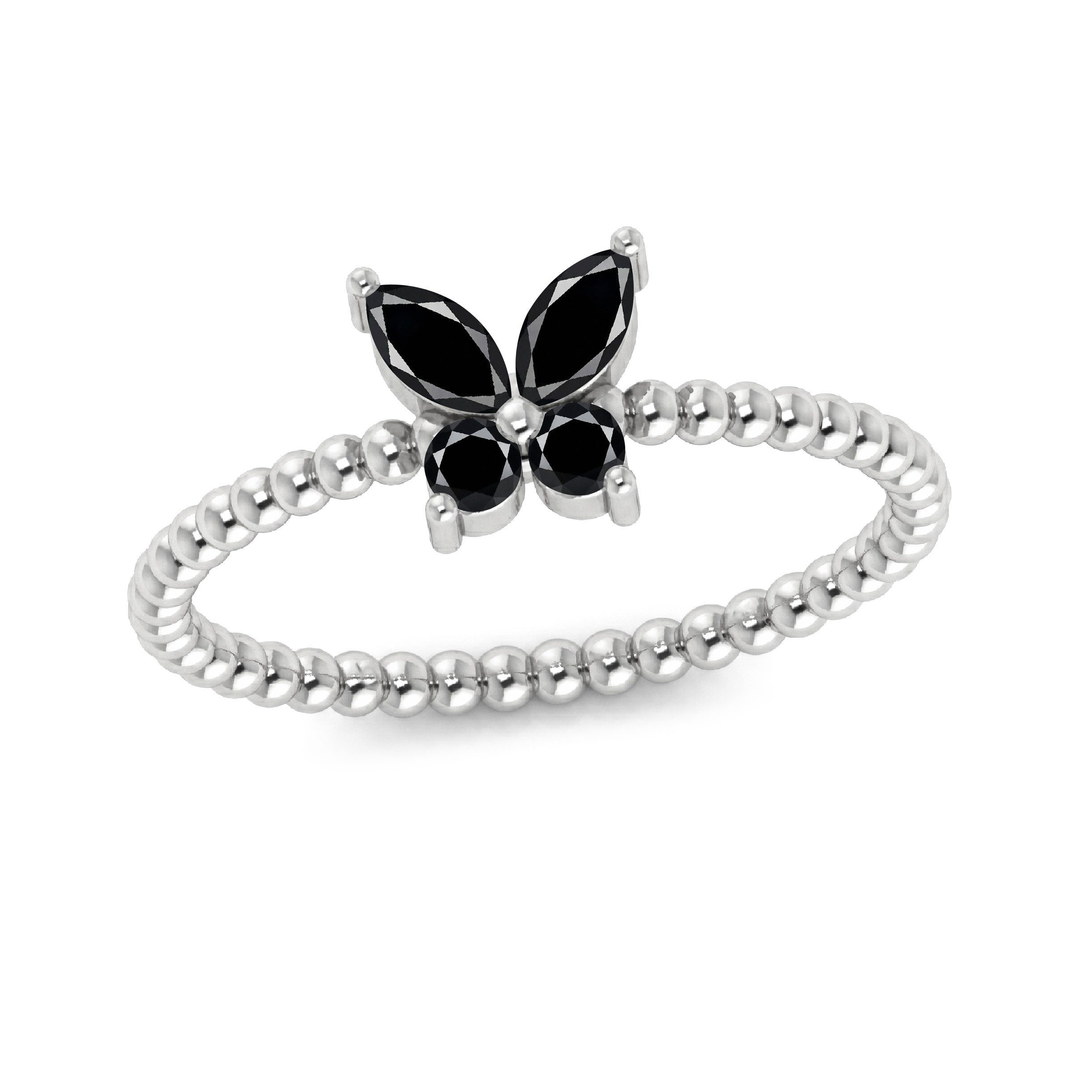 Butterfly gemstone ring in sterling silver featuring a striking black onyx centerpiece and elegant sculptural detailing, unique statement jewelry designed for women