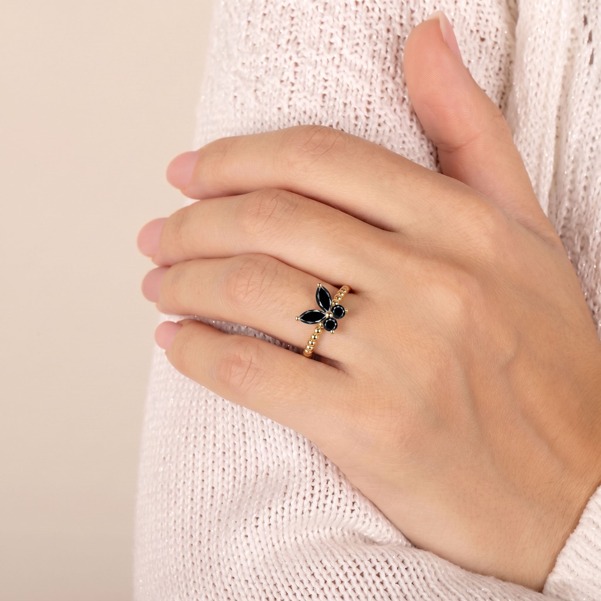 Black onyx butterfly ring in yellow gold filled featuring a graceful butterfly silhouette and elegant gemstone detailing, unique luxury ring for women and gifting