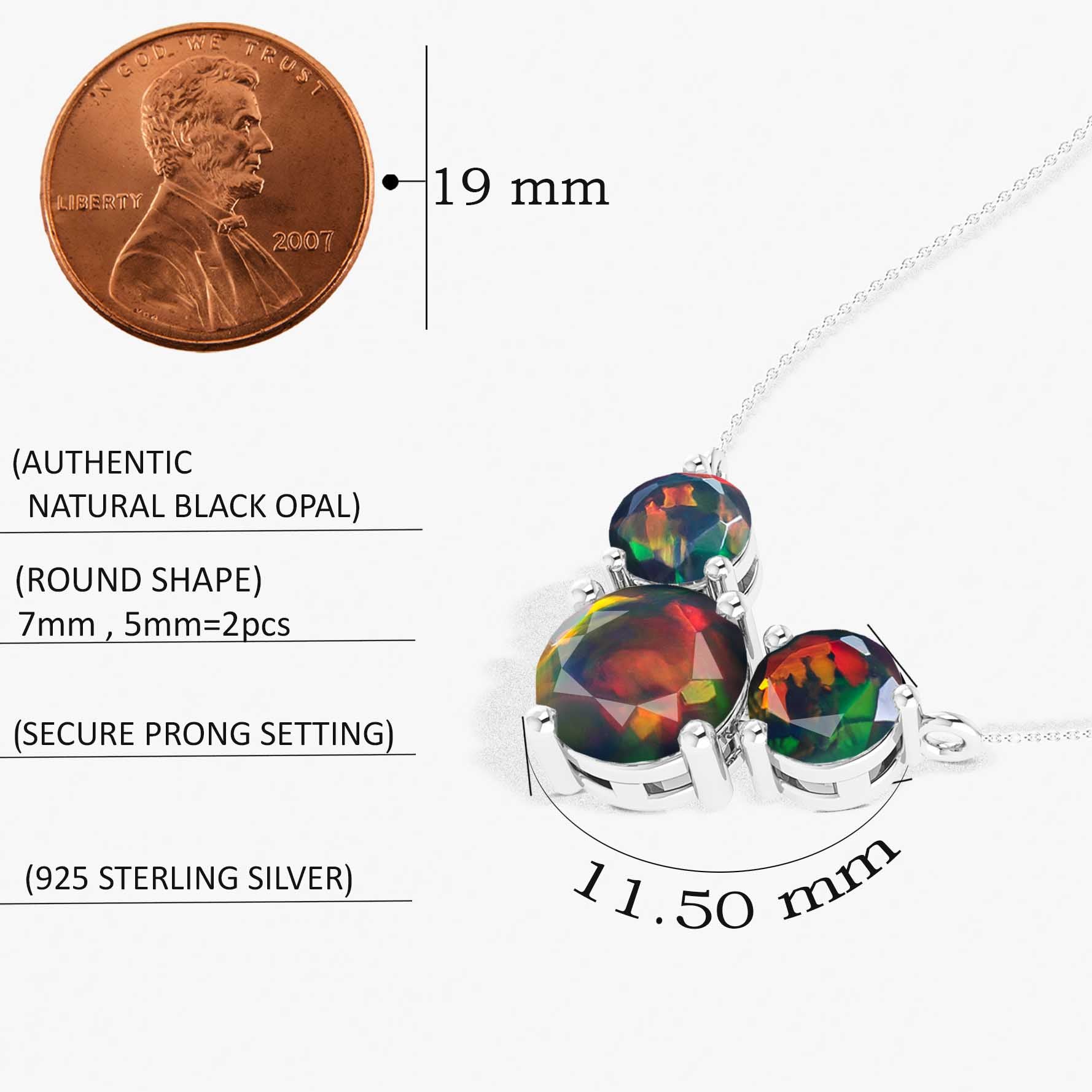 Black Opal Round 3 Stone Pendant Necklace in 925 Sterling Silver 2.2ct