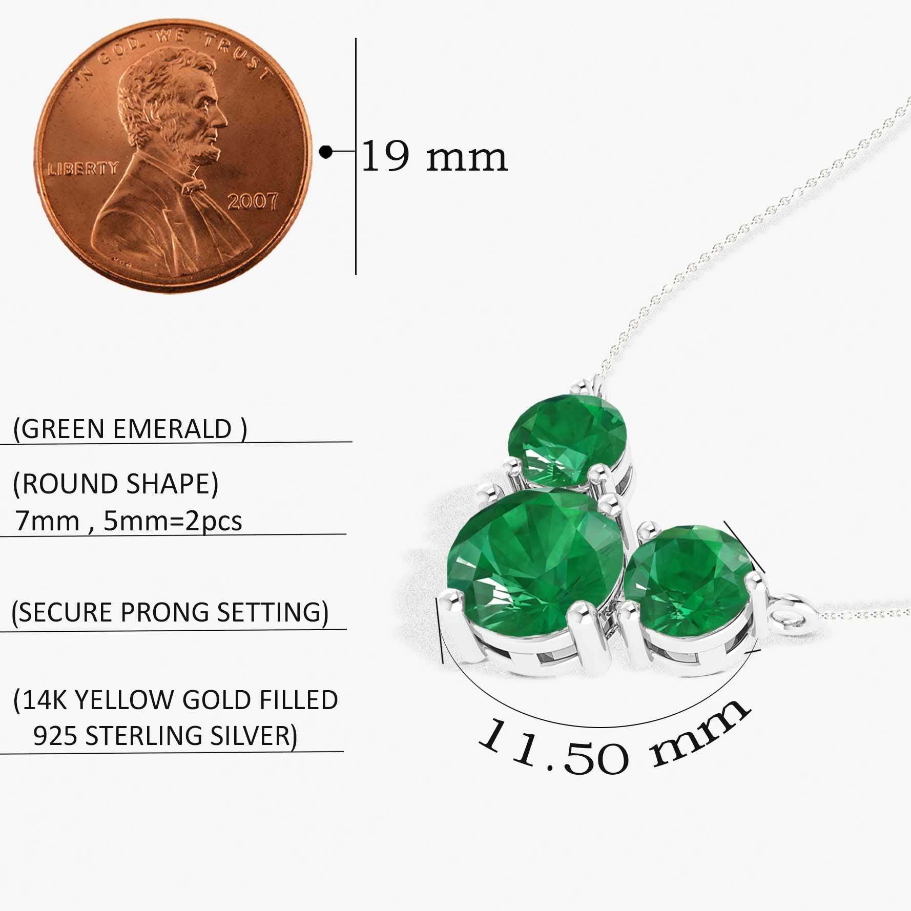 Emerald Round 3 Stone Pendant Necklace in 925 Sterling Silver 2.8ct