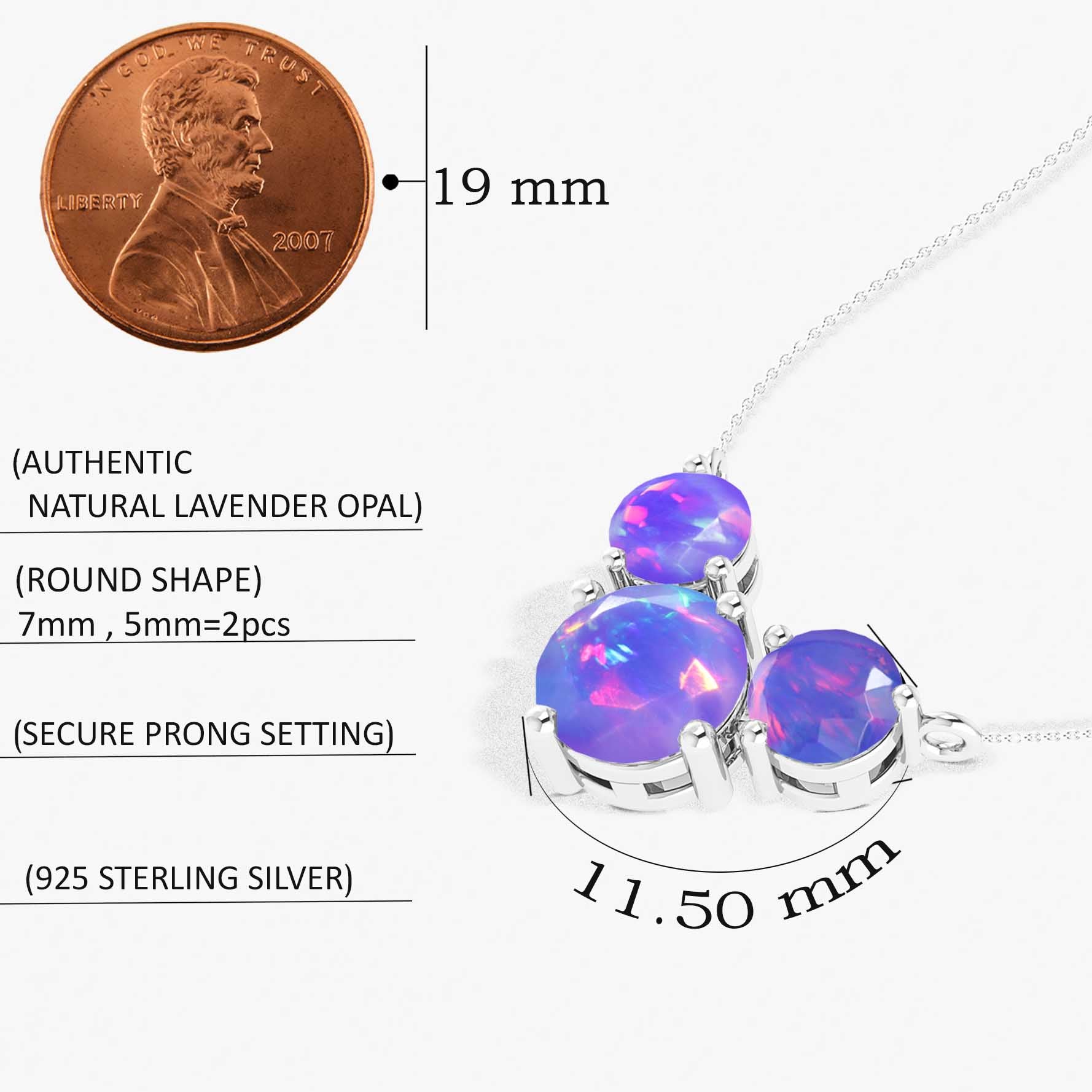 Lavender Opal Round 3 Stone Pendant Necklace in 925 Sterling Silver 2.2ct