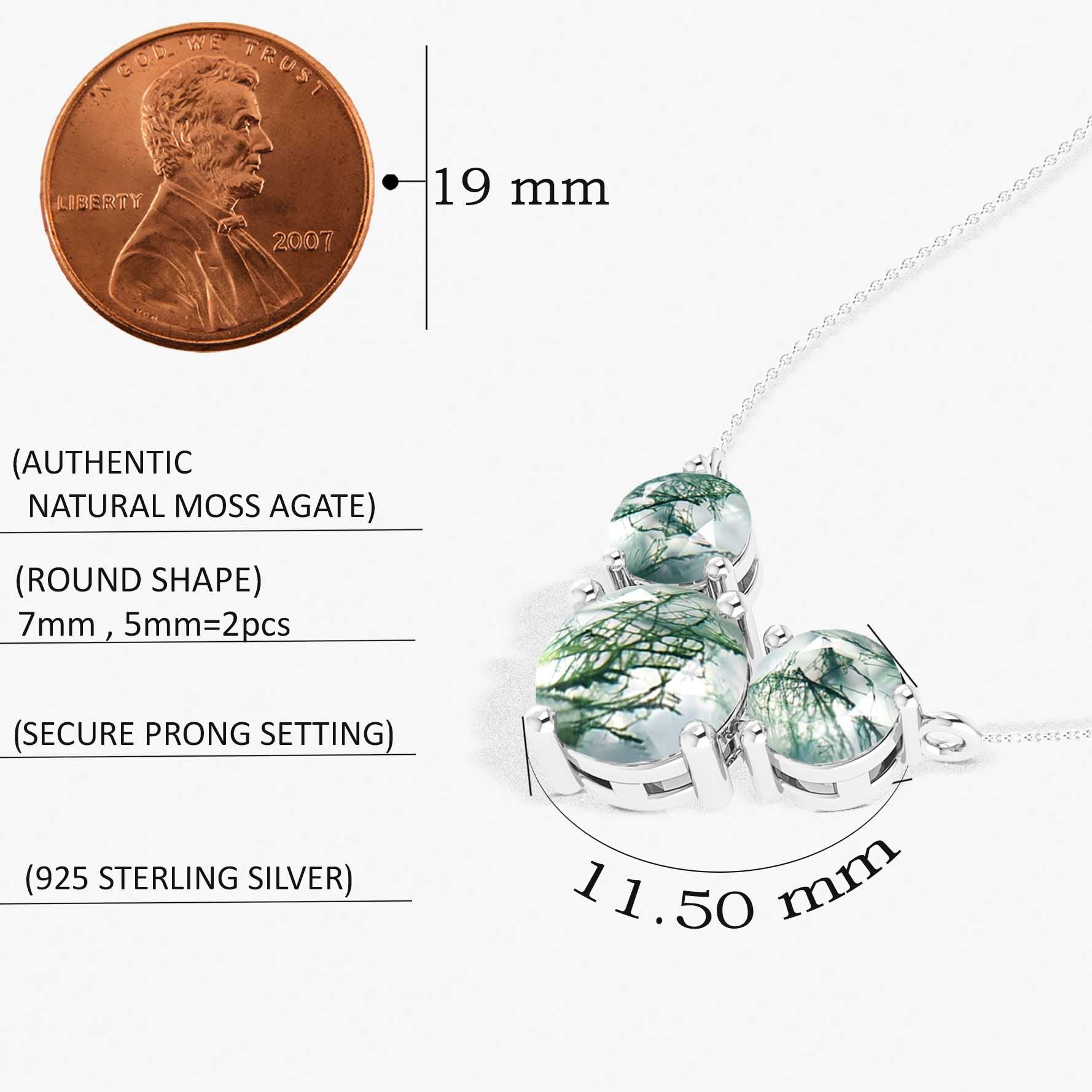 Moss Agate Round 3 Stone Pendant Necklace in 925 Sterling Silver 2.8ct