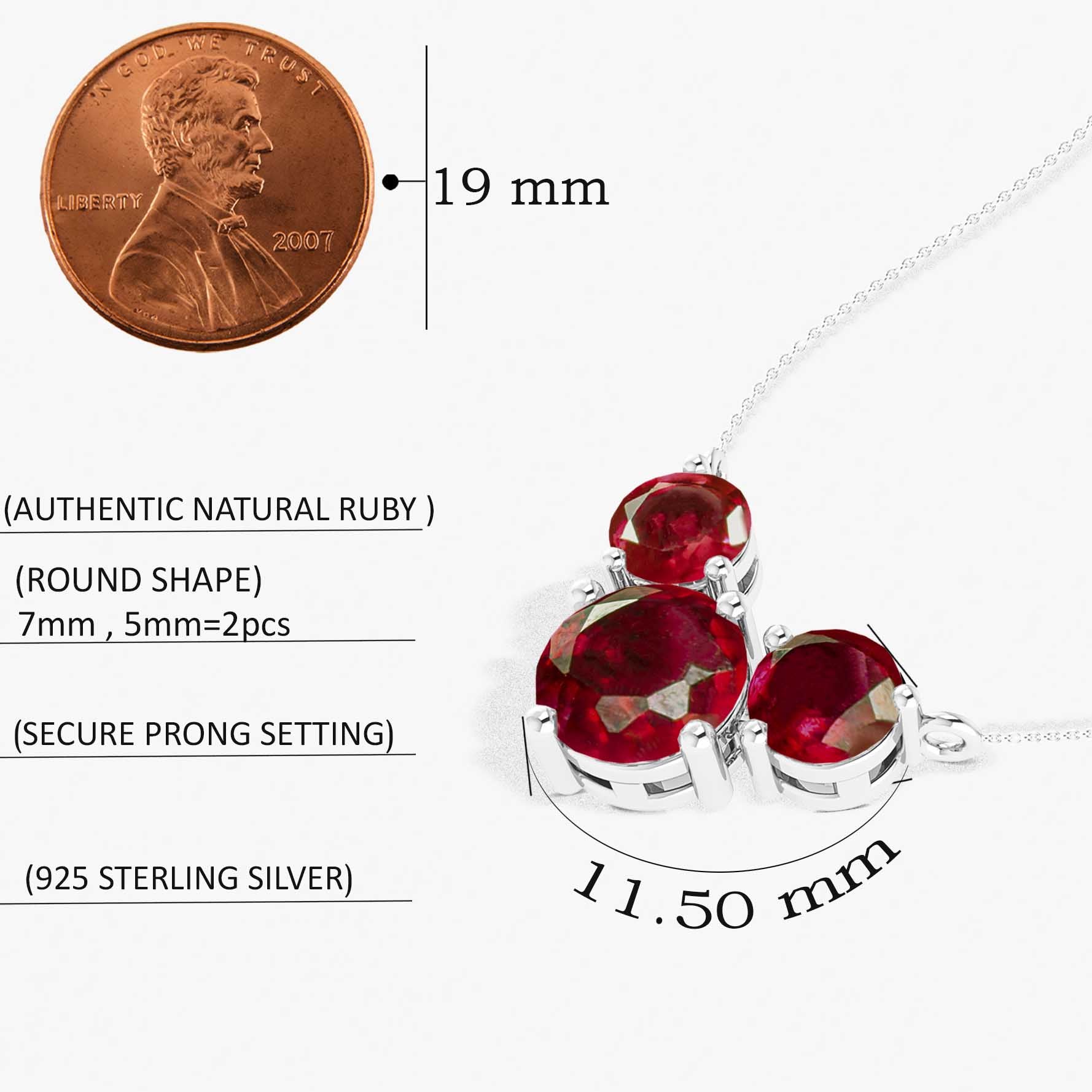 Ruby Round 3 Stone Pendant Necklace in 925 Sterling Silver 2.8ct