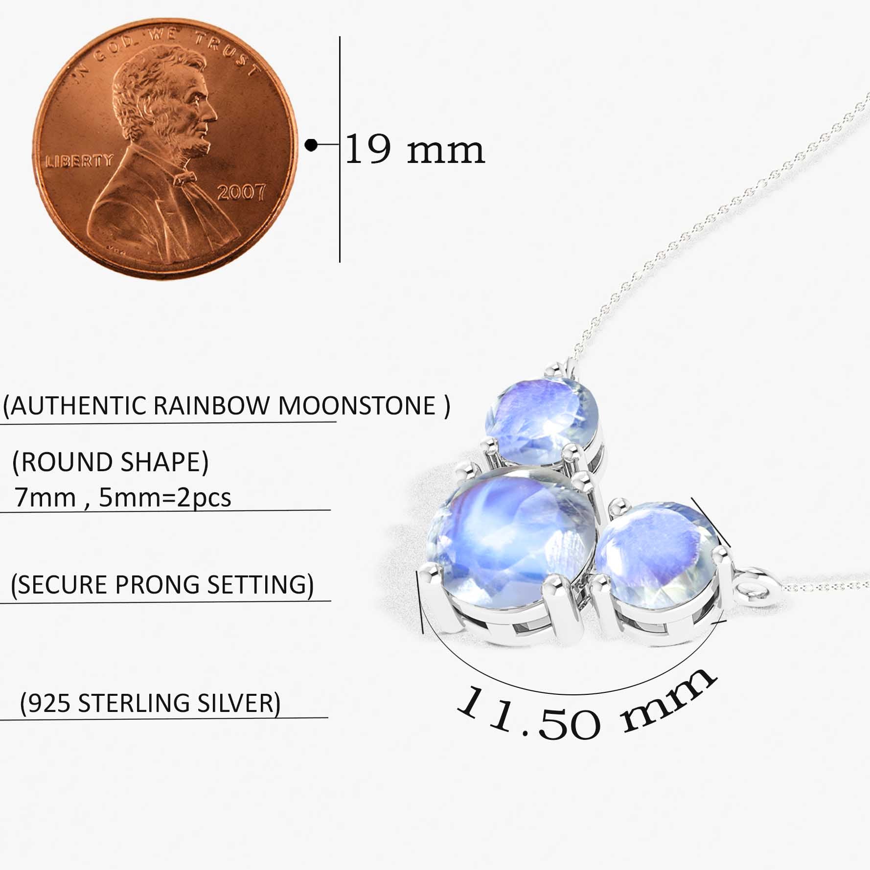 Moonstone Round 3 Stone Pendant Necklace in 925 Sterling Silver 2.8ct