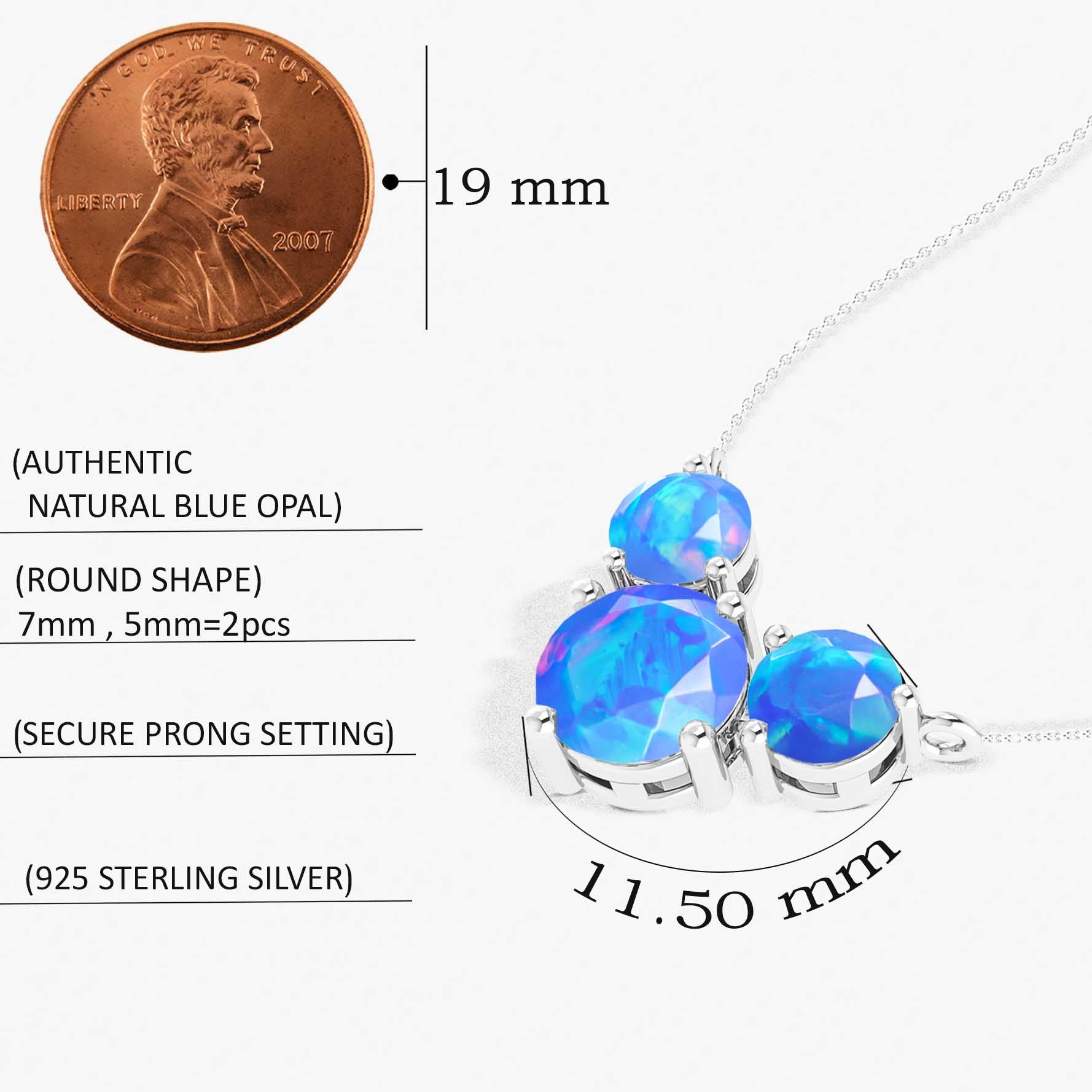 Blue Opal Round 3 Stone Pendant Necklace in 925 Sterling Silver 2.2ct