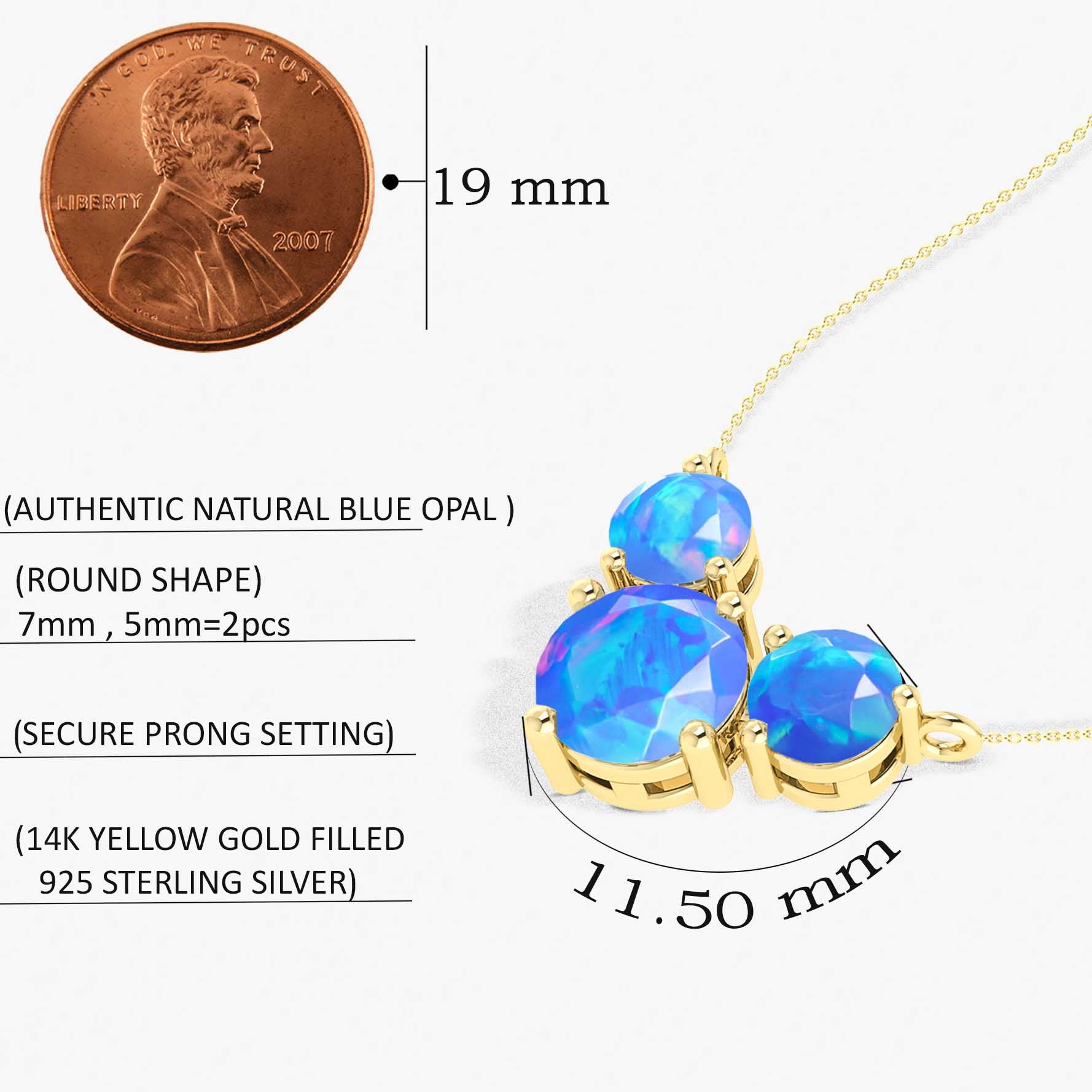 Blue Opal Round 3 Stone Pendant Necklace in 925 Sterling Silver 2.2ct