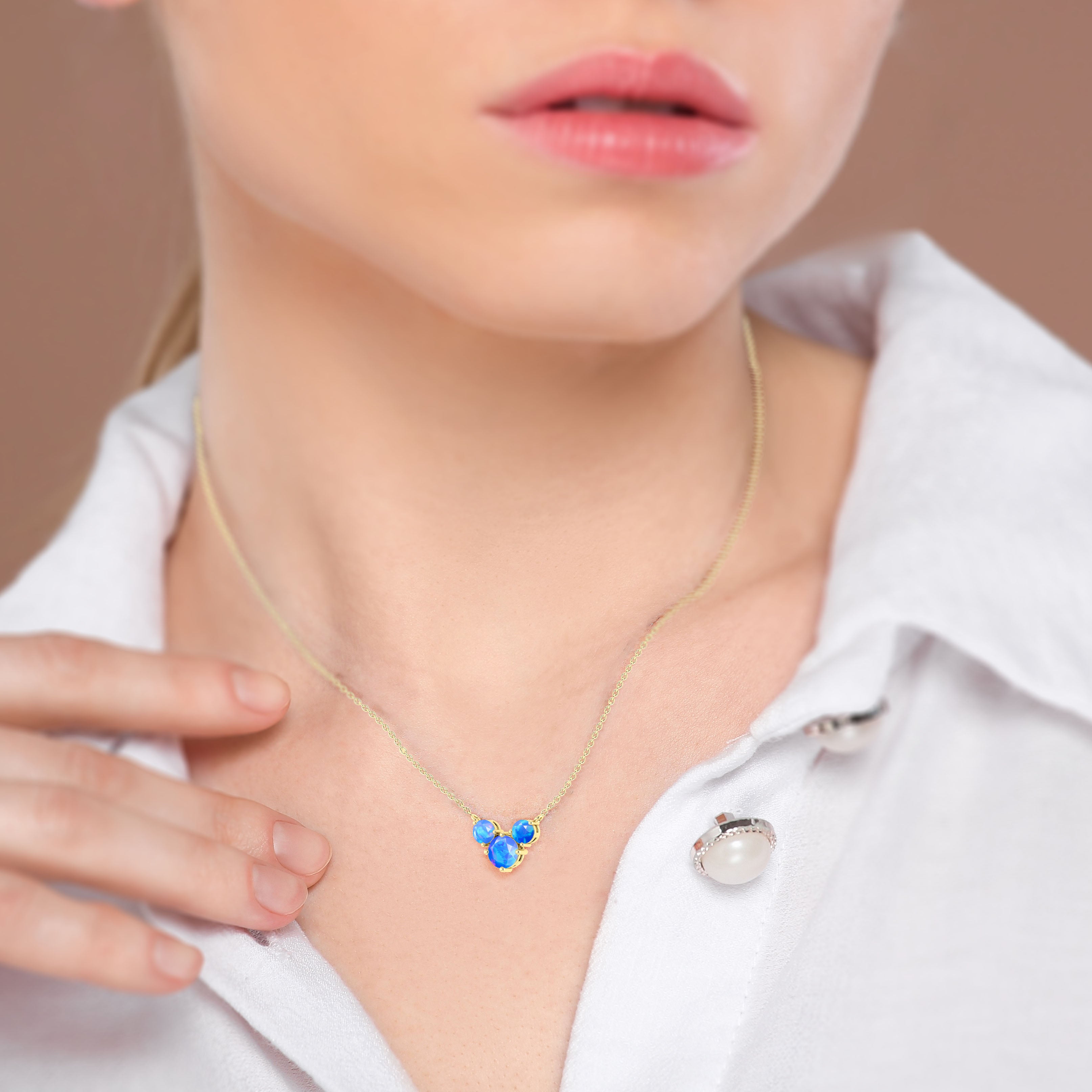 Blue Opal Round 3 Stone Pendant Necklace in 925 Sterling Silver 2.2ct