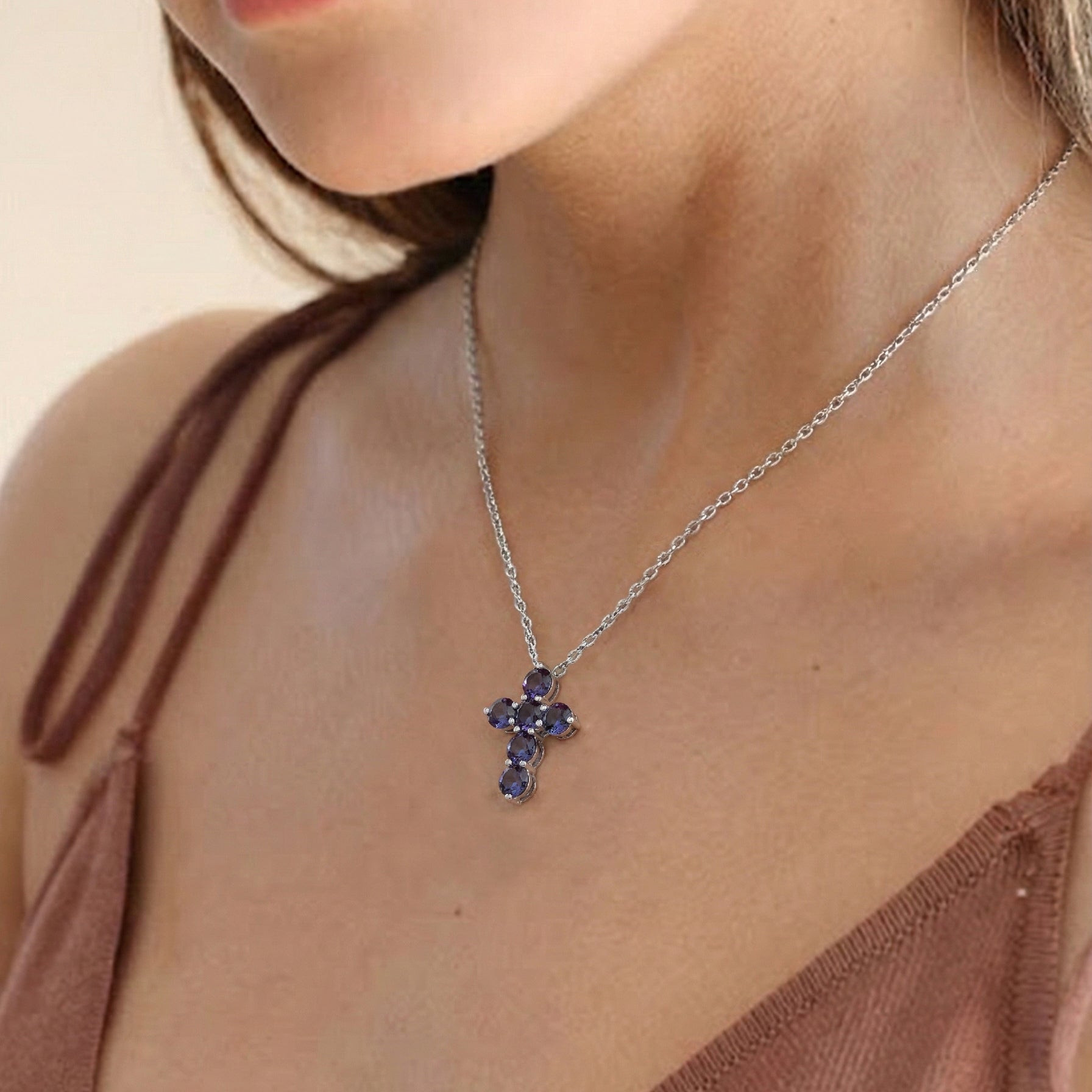 Alexandrite Round Cross Pendant Necklace in 925 Sterling Silver 3.90ct