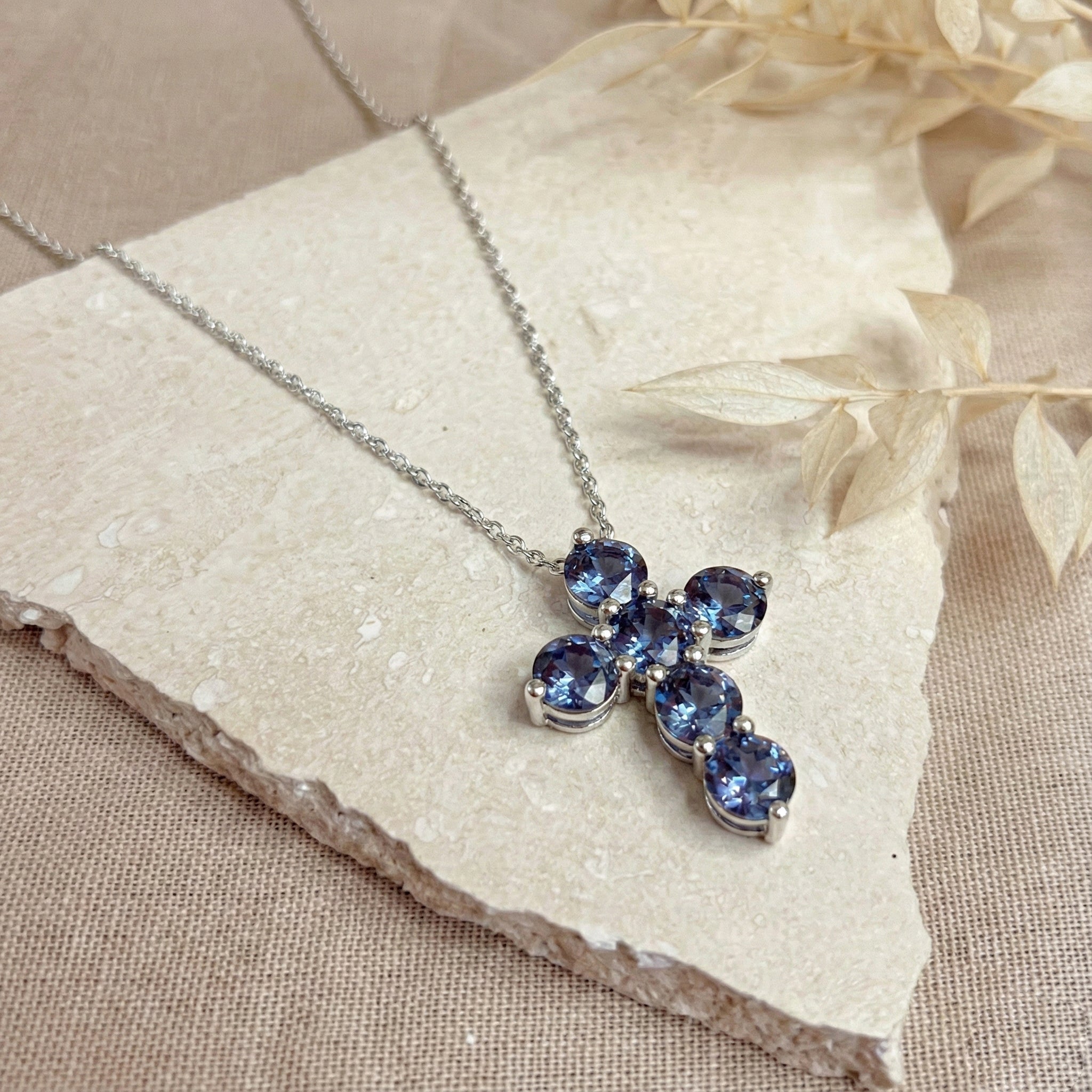 Real alexandrite stone necklace cross silver