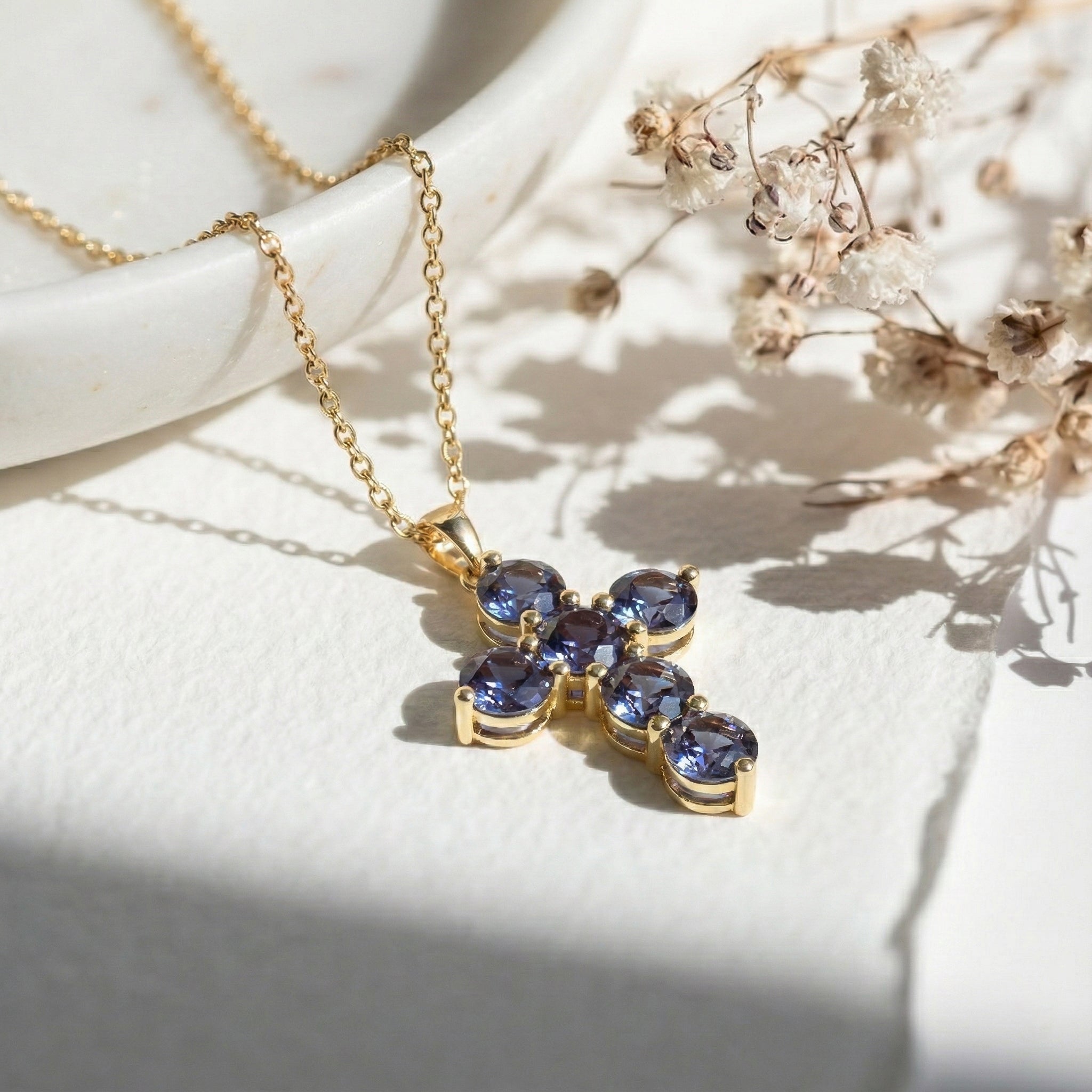 Alexandrite Round Cross Pendant Necklace in Yellow Gold Plated 3.90ct