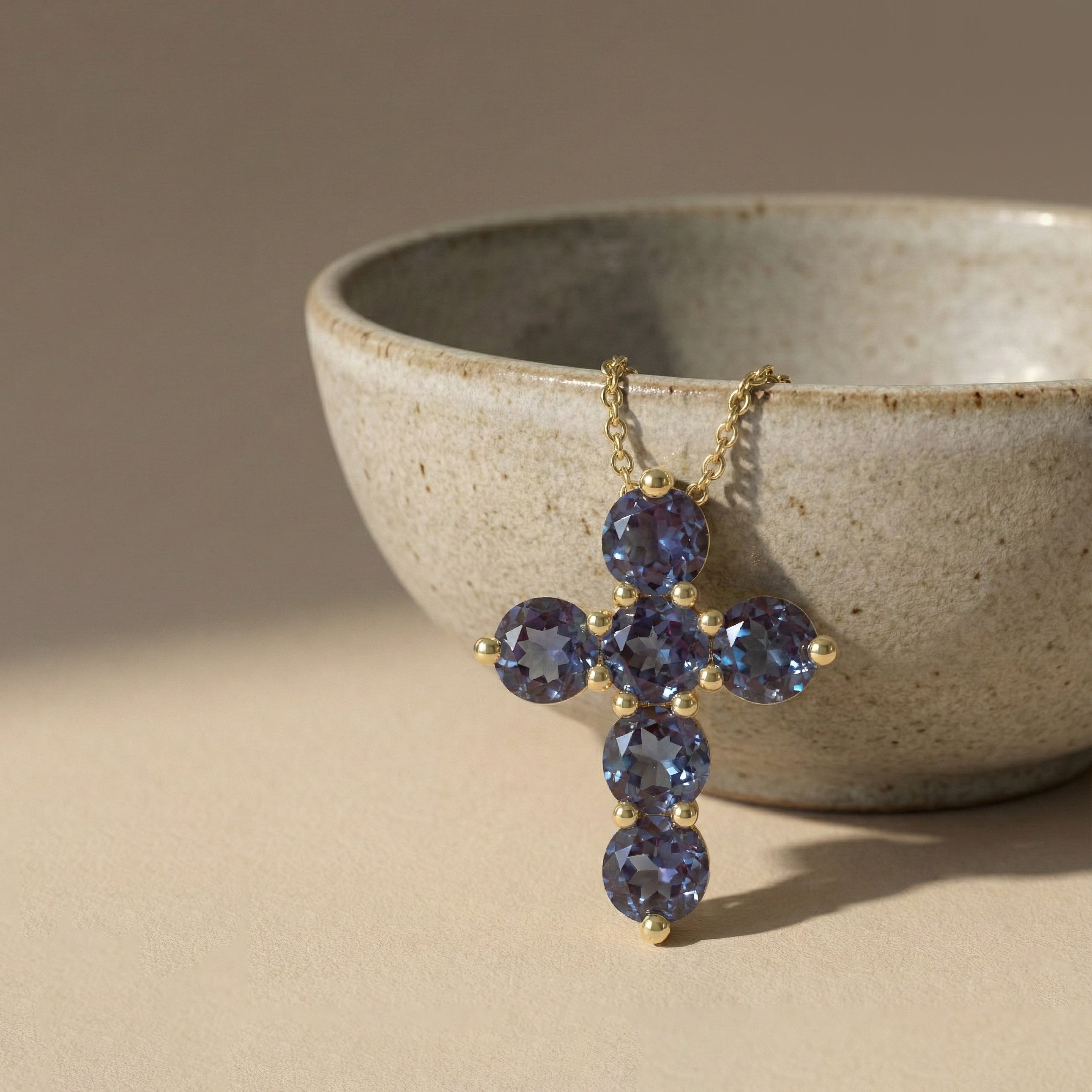 Alexandrite Round Cross Pendant Necklace in Yellow Gold Plated 3.90ct