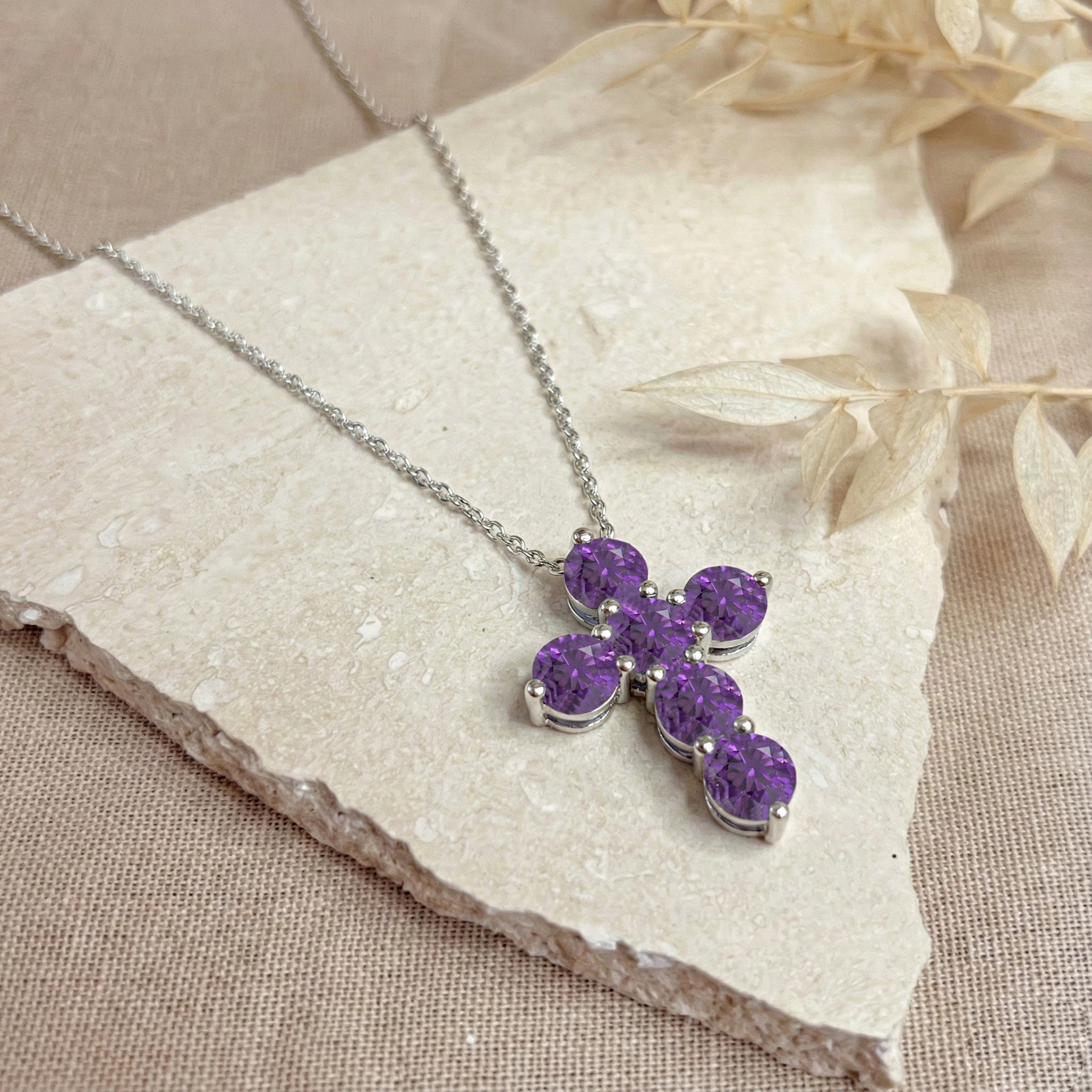 Amethyst Round stone Cross Pendant Necklace in 925 Sterling Silver