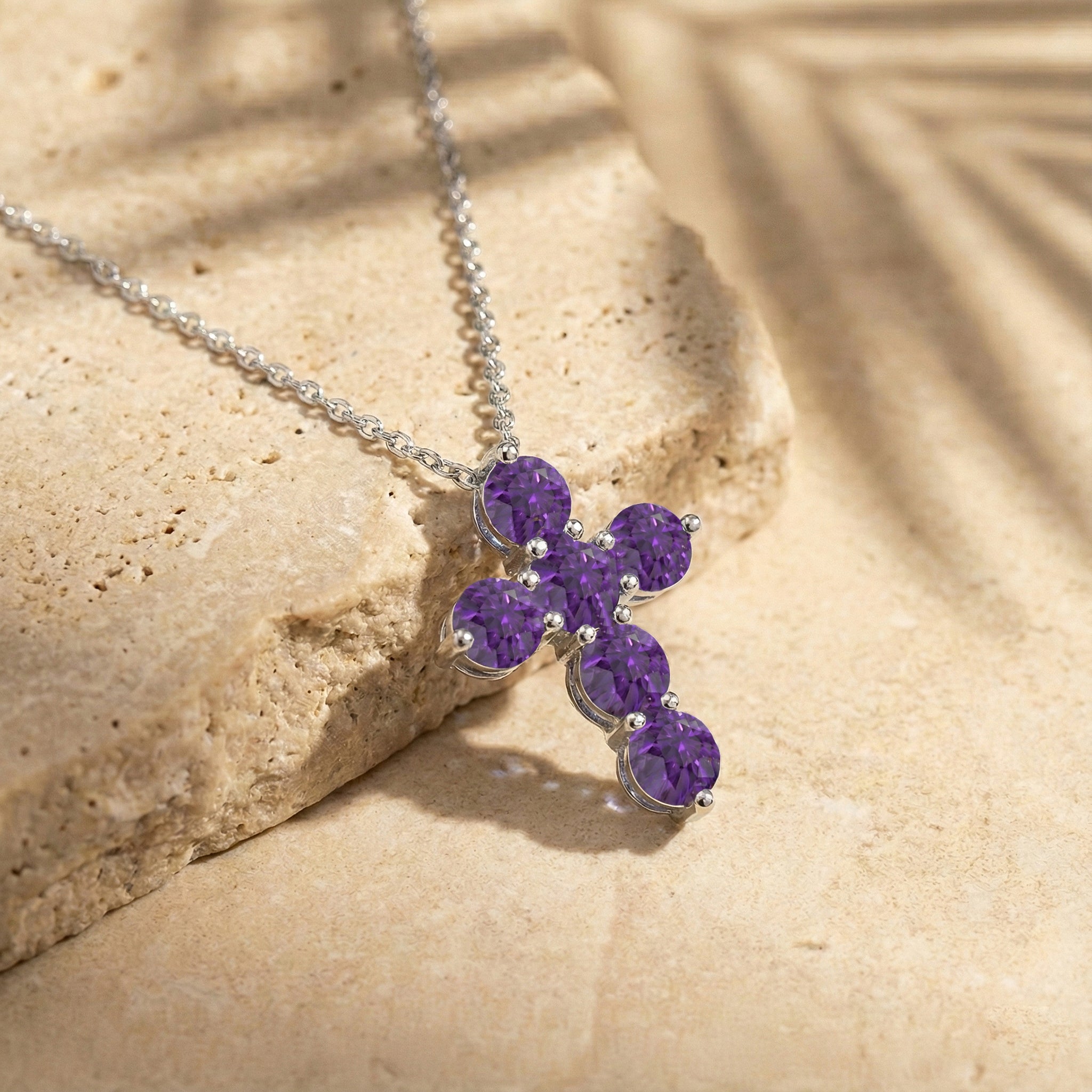 Amethyst Round stone Cross Pendant Necklace in 925 Sterling Silver