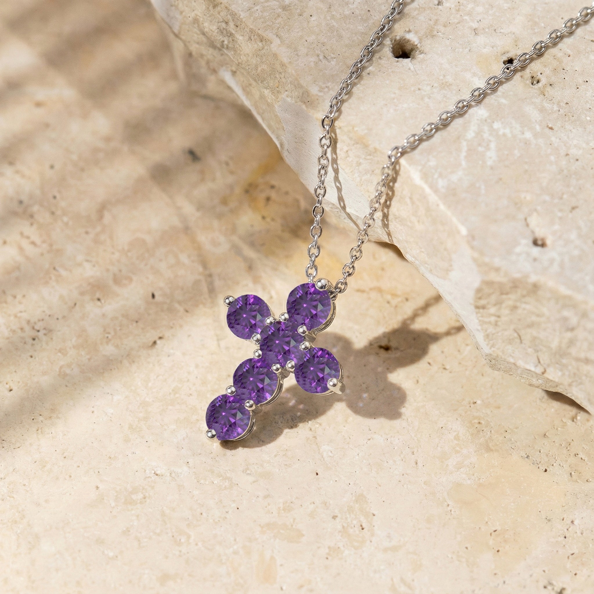 Amethyst Round stone Cross Pendant Necklace in 925 Sterling Silver