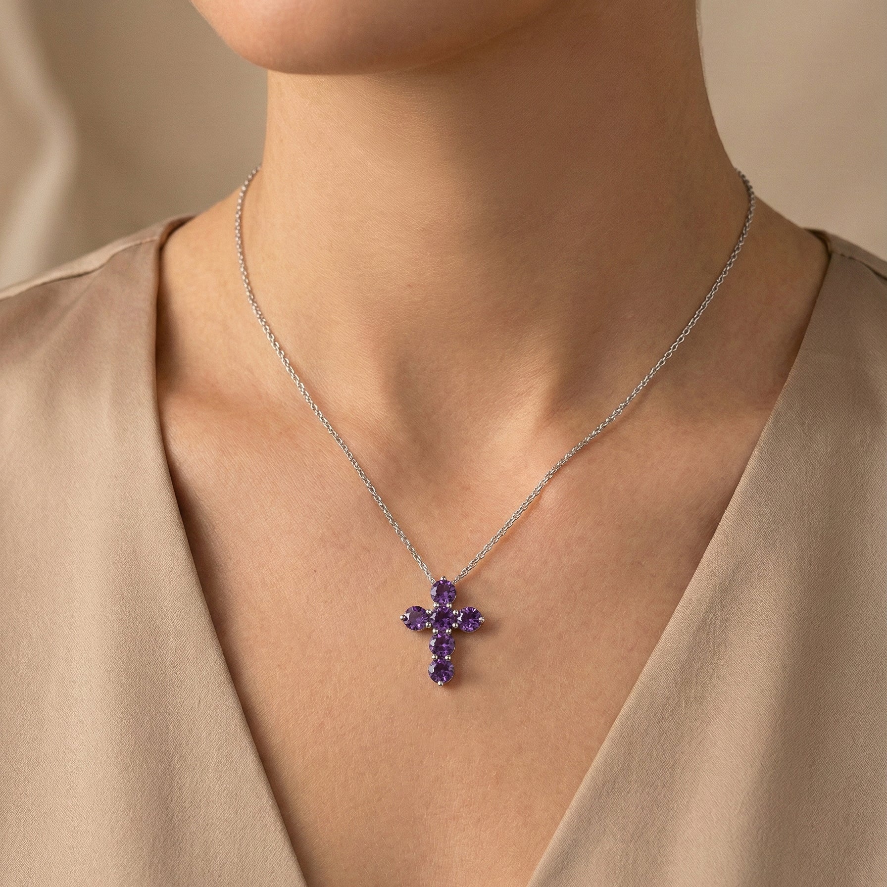 Amethyst Round stone Cross Pendant Necklace in 925 Sterling Silver
