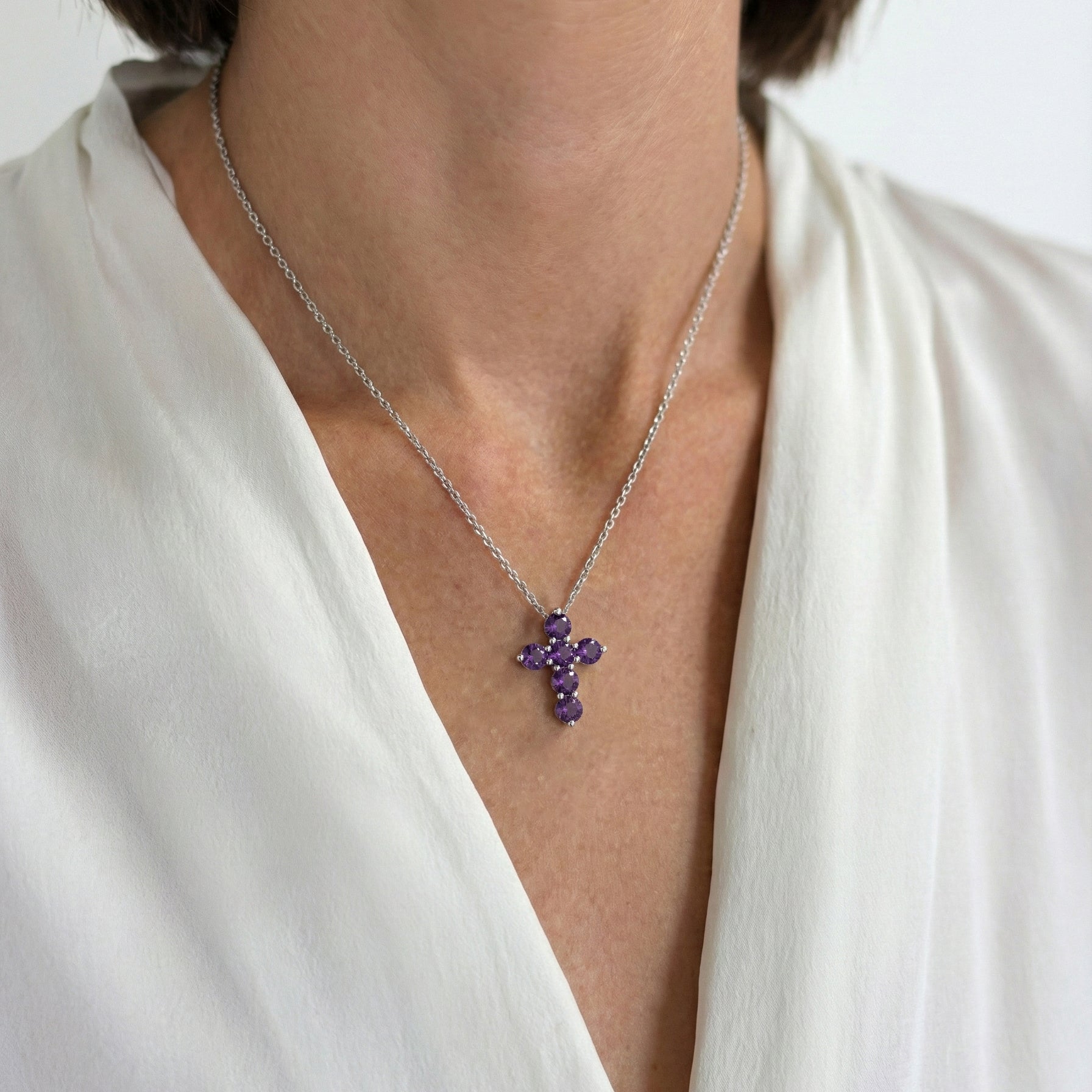 Amethyst Round stone Cross Pendant Necklace in 925 Sterling Silver