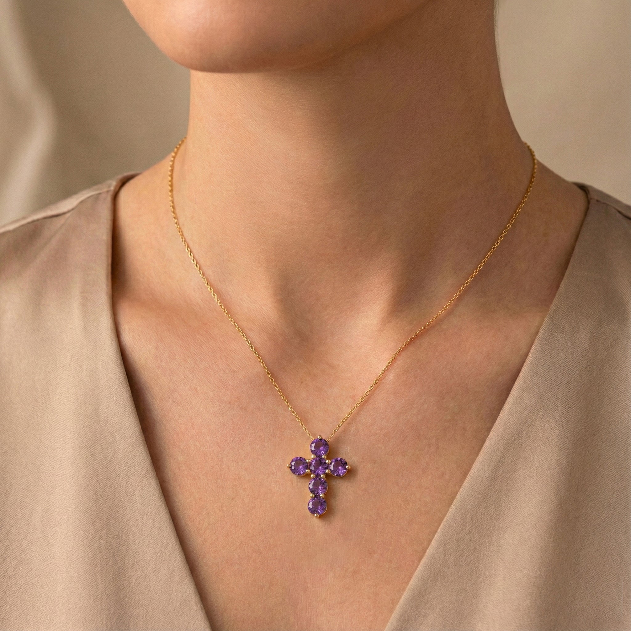 Amethyst Round Cross Pendant Necklace in 925 Sterling Silver 3.90ct