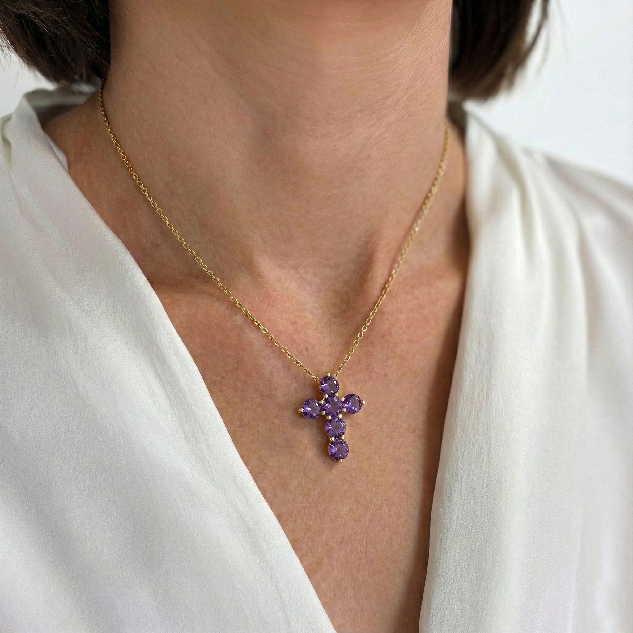 Amethyst Round Cross Pendant Necklace in 925 Sterling Silver 3.90ct