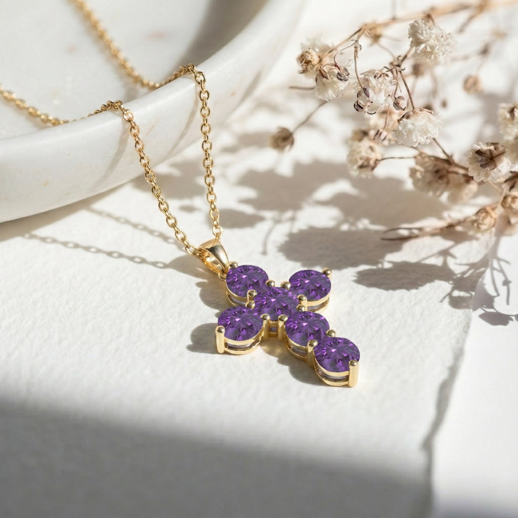 Amethyst Round Cross Pendant Necklace in 925 Sterling Silver 3.90ct