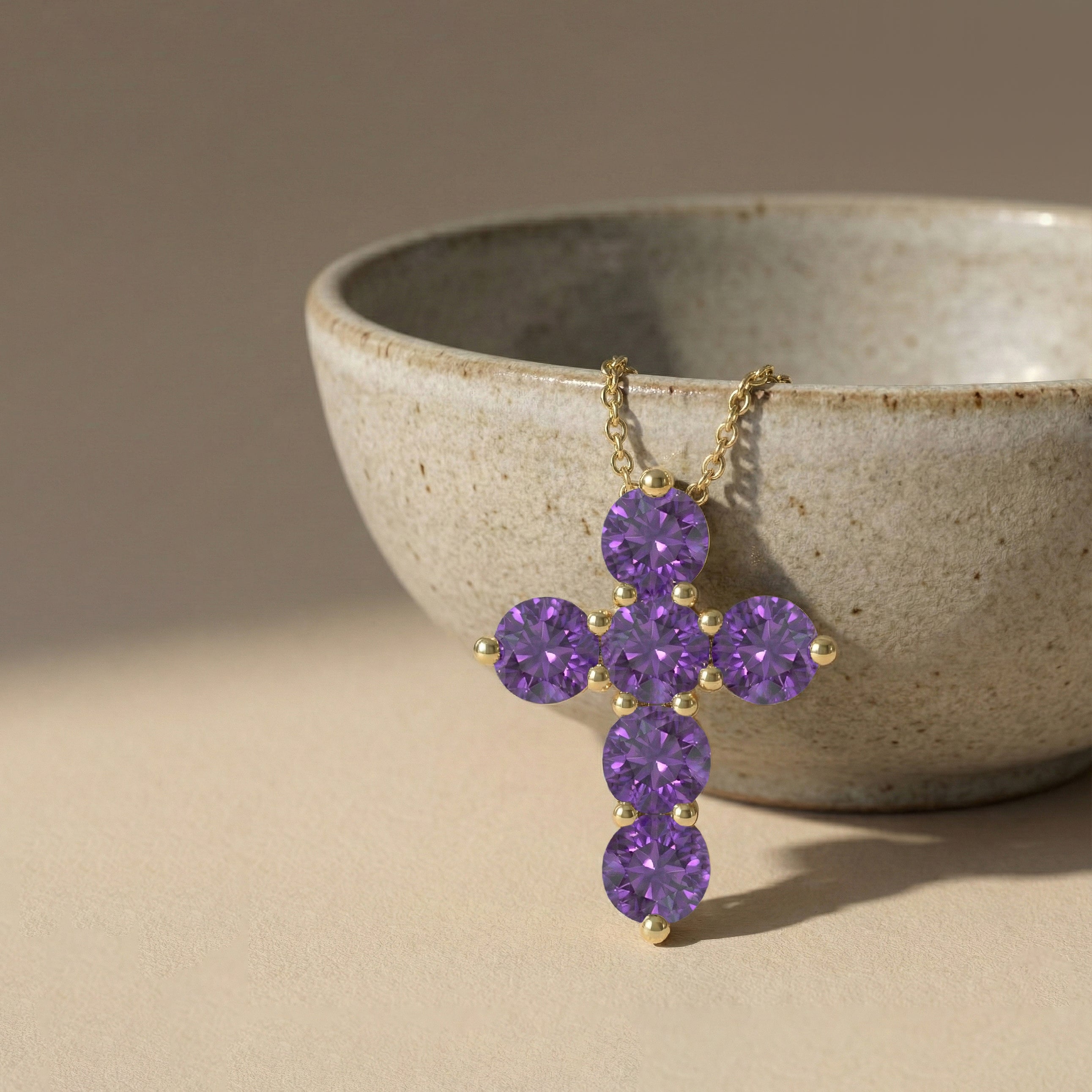 Amethyst Round Cross Pendant Necklace in 925 Sterling Silver 3.90ct