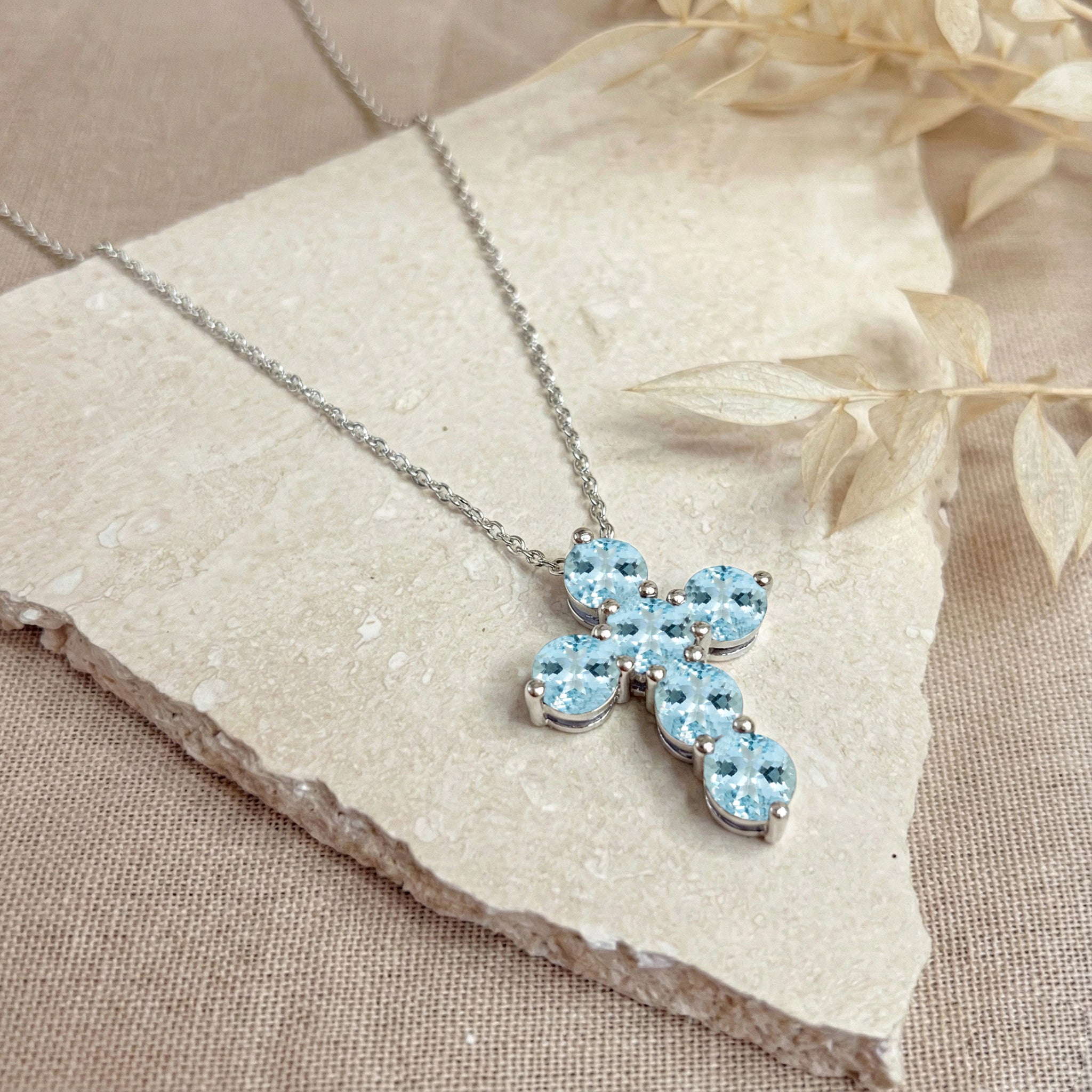 Aquamarine Round Cross Pendant Necklace in 925 Sterling Silver 3.90ct