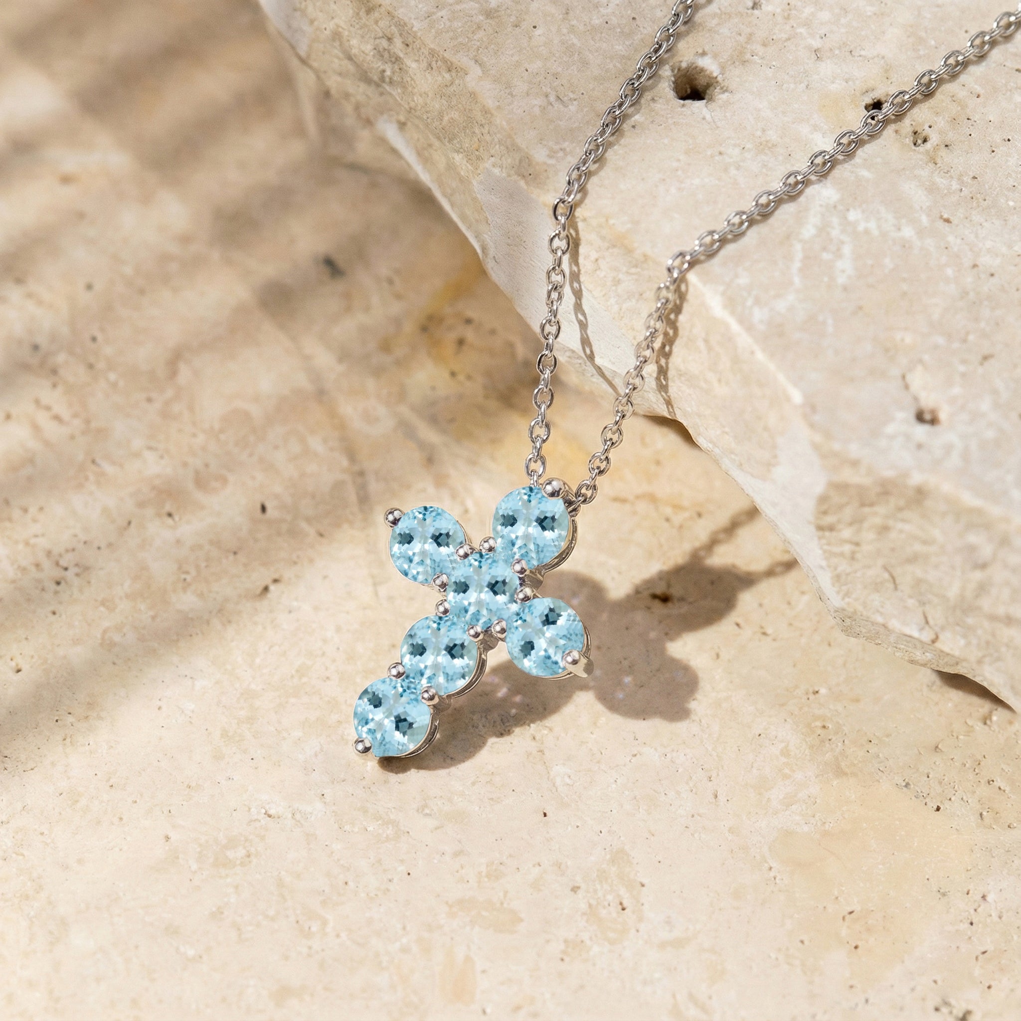 Aquamarine Round Cross Pendant Necklace in 925 Sterling Silver 3.90ct