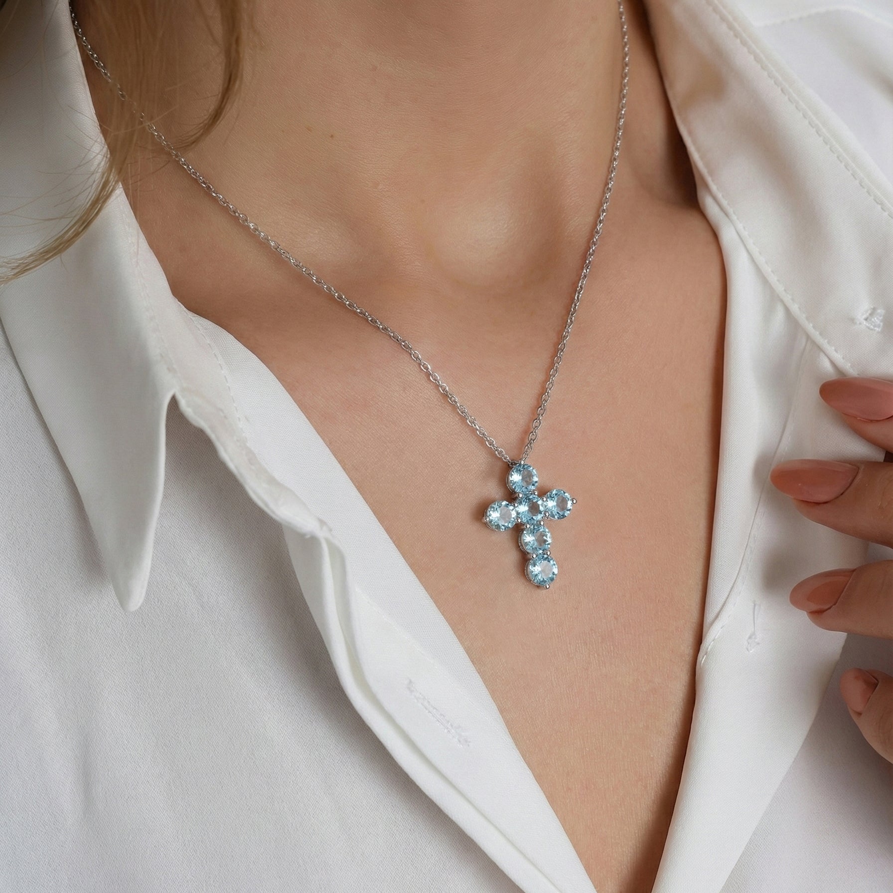 Aquamarine Round Cross Pendant Necklace in 925 Sterling Silver 3.90ct