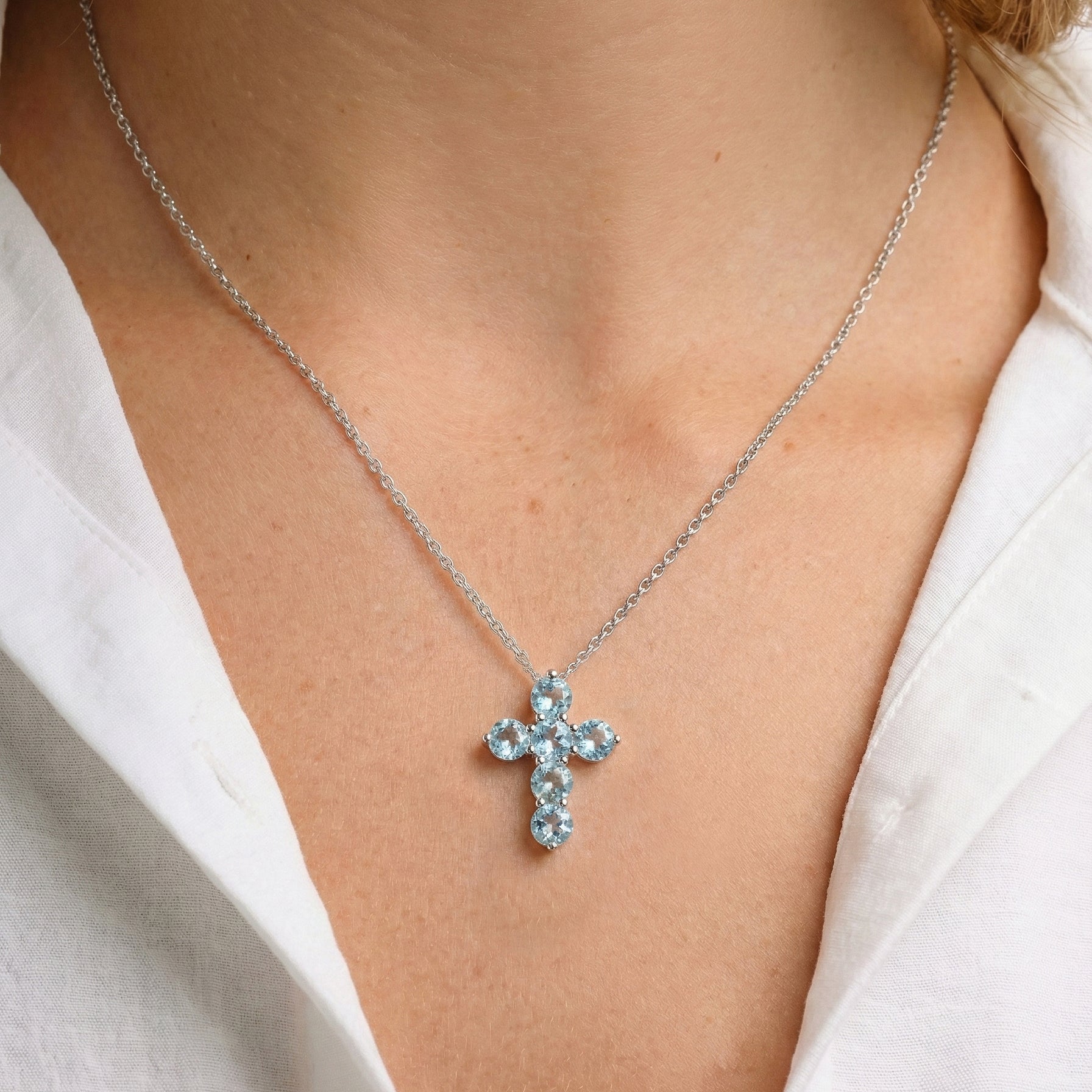 Aquamarine Round Cross Pendant Necklace in 925 Sterling Silver 3.90ct