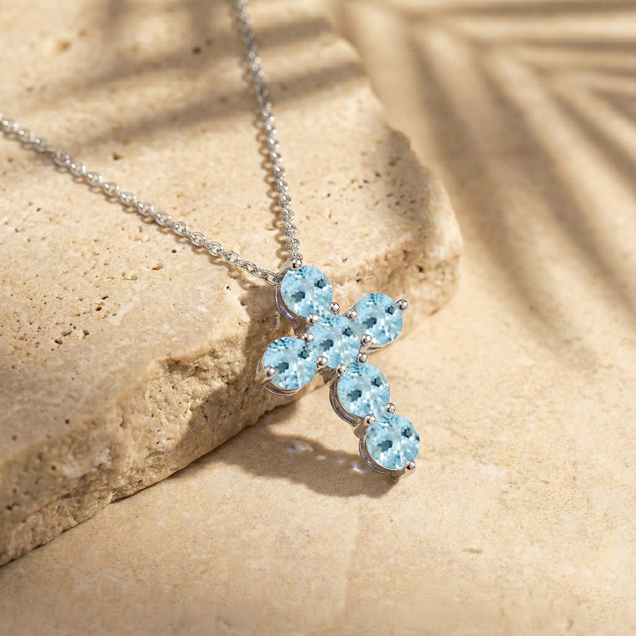 Aquamarine Round Cross Pendant Necklace in 925 Sterling Silver 3.90ct