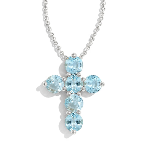 Aquamarine Round Cross Pendant Necklace in 925 Sterling Silver 3.90ct