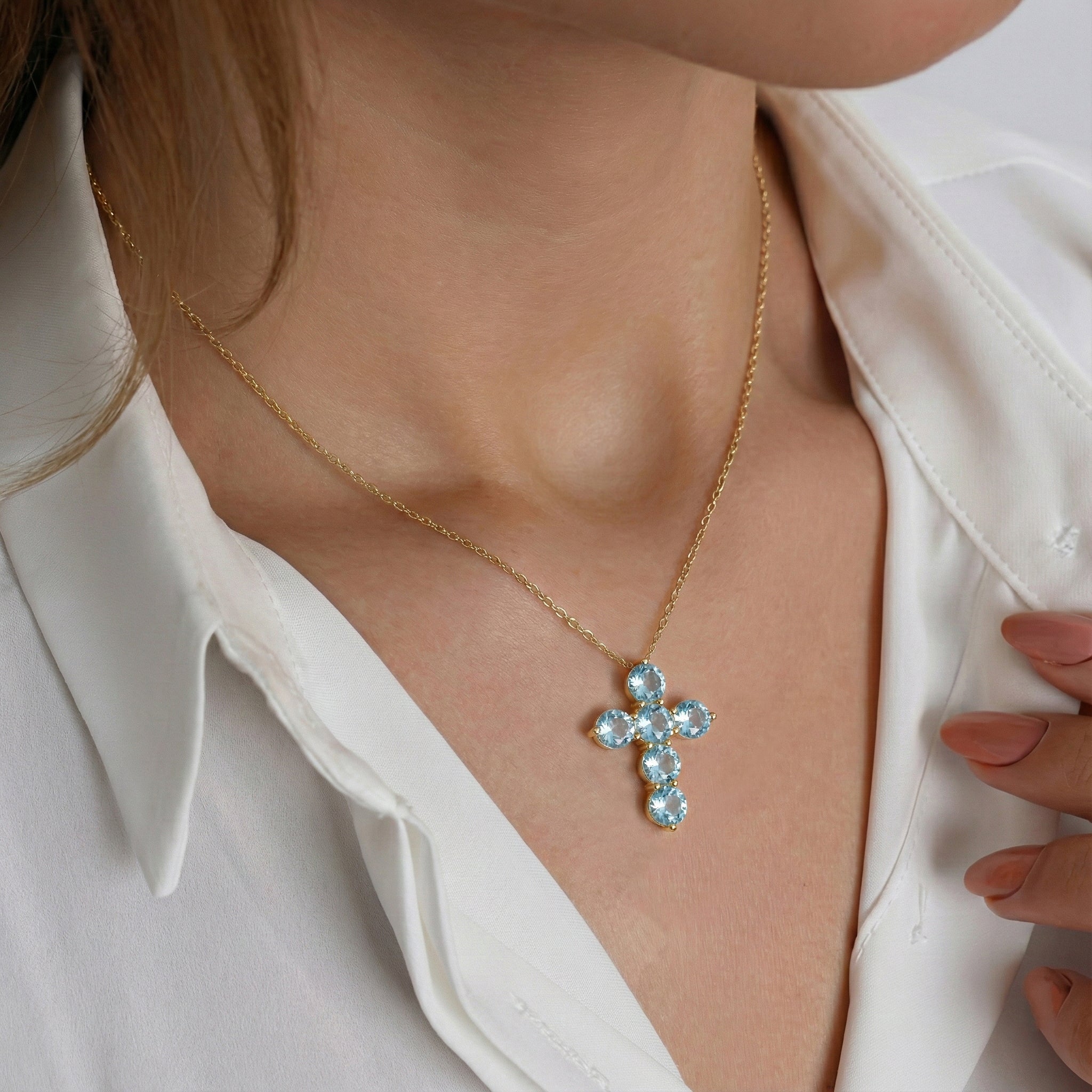 Aquamarine Round Cross Pendant Necklace in Yellow Gold Plated 3.90ct