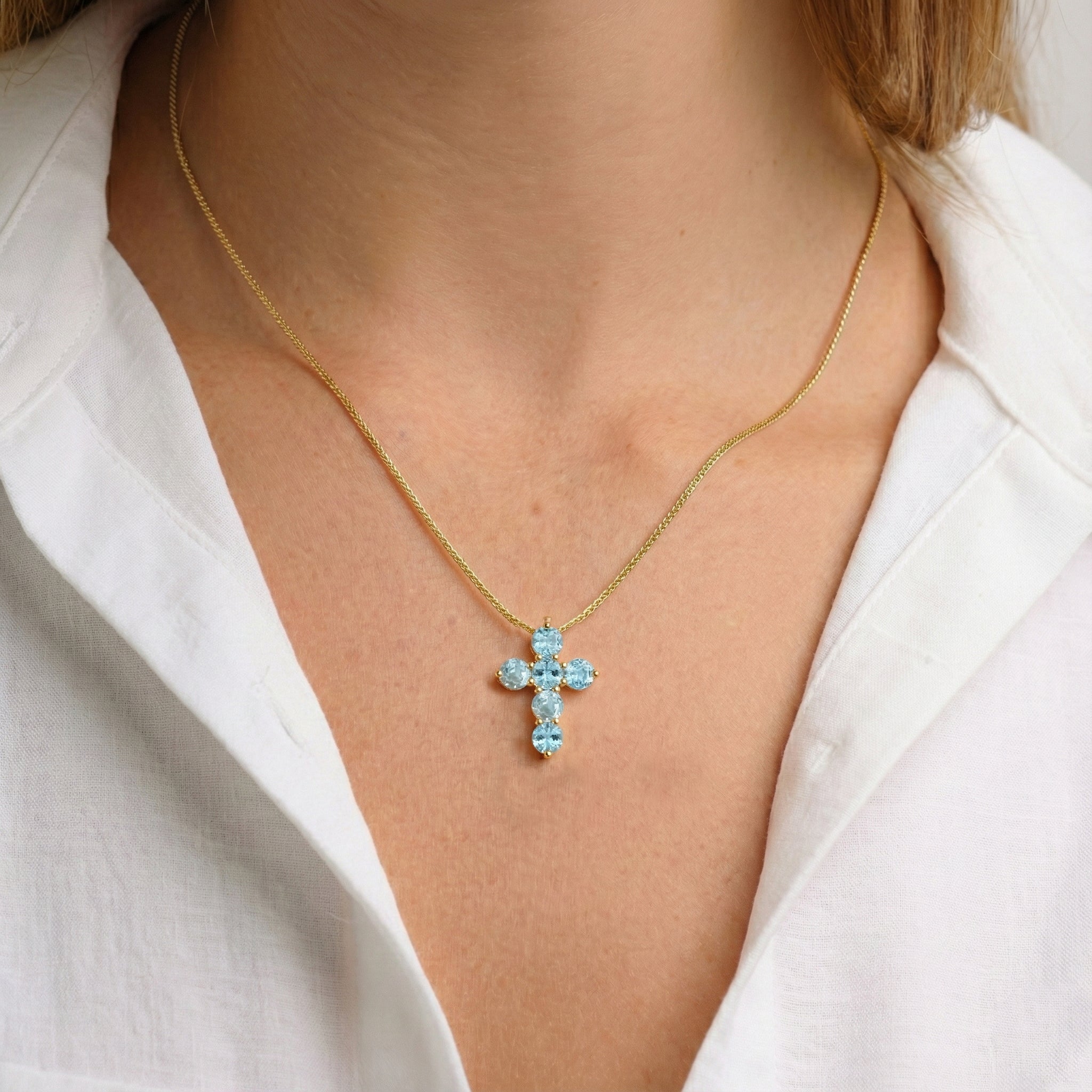 Aquamarine Round Cross Pendant Necklace in 925 Sterling Silver 3.90ct