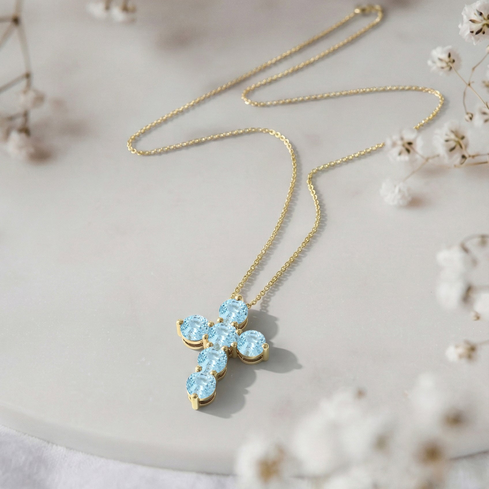 Aquamarine Round Cross Pendant Necklace in Yellow Gold Plated 3.90ct