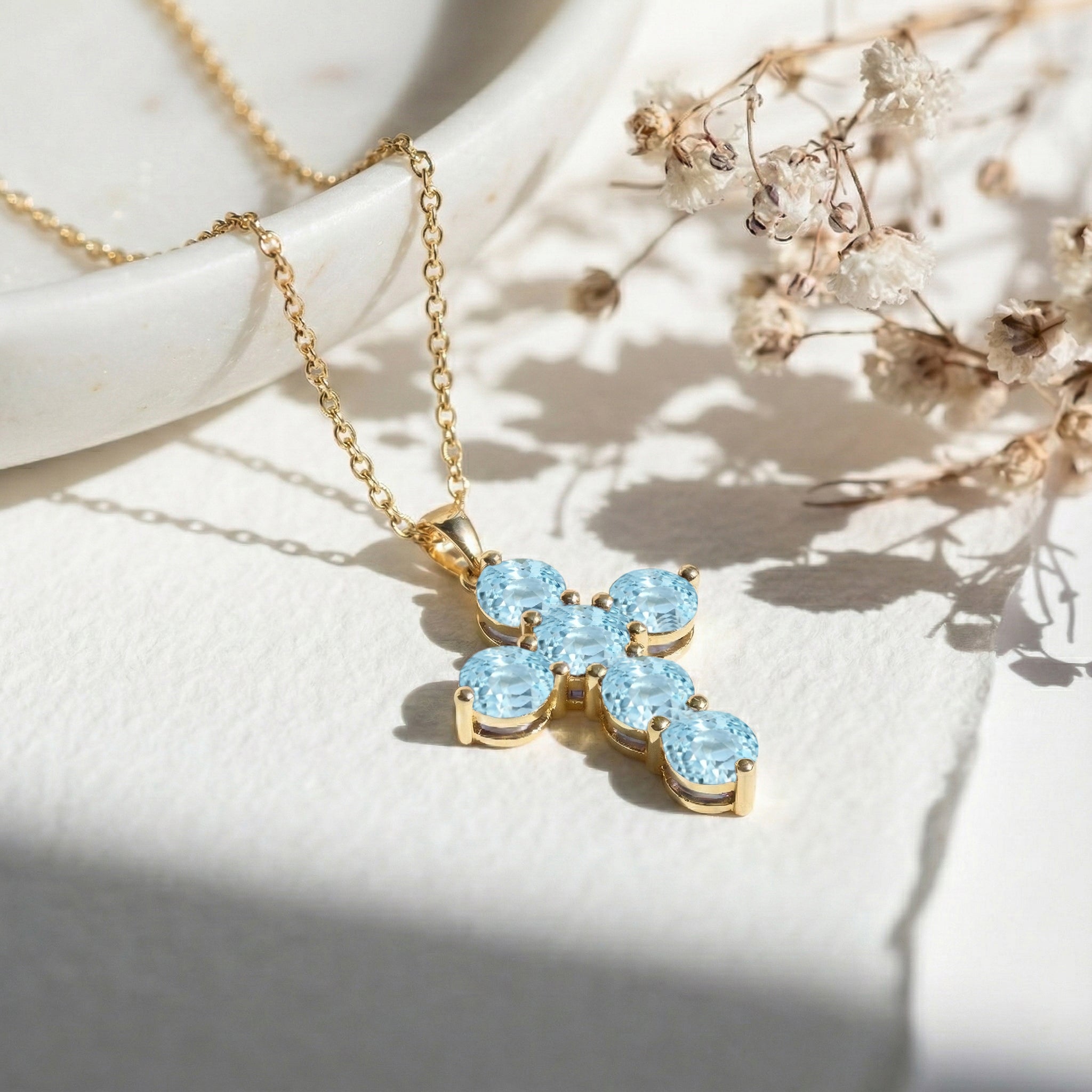Aquamarine Round Cross Pendant Necklace in 925 Sterling Silver 3.90ct