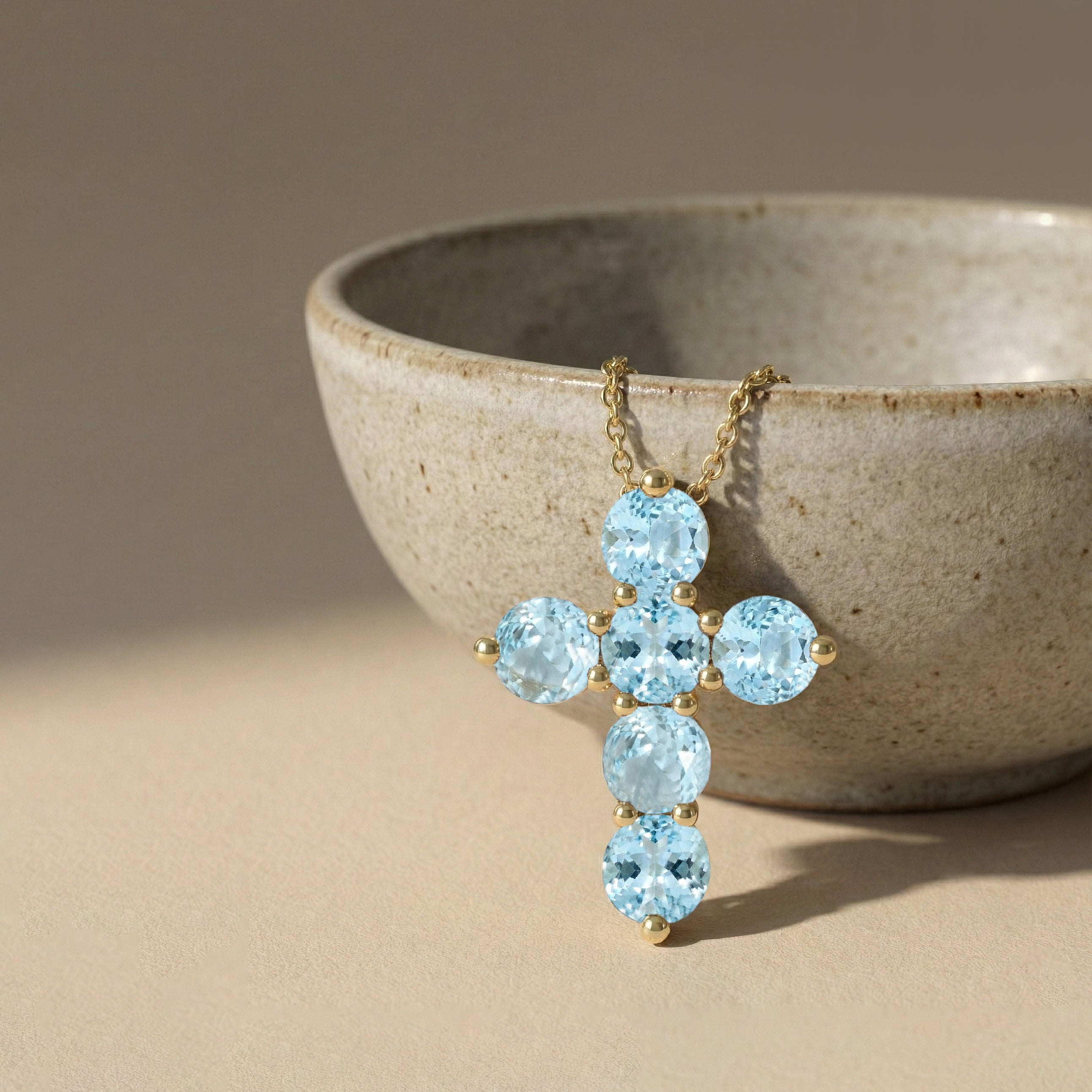 Aquamarine Round Cross Pendant Necklace in Yellow Gold Plated 3.90ct