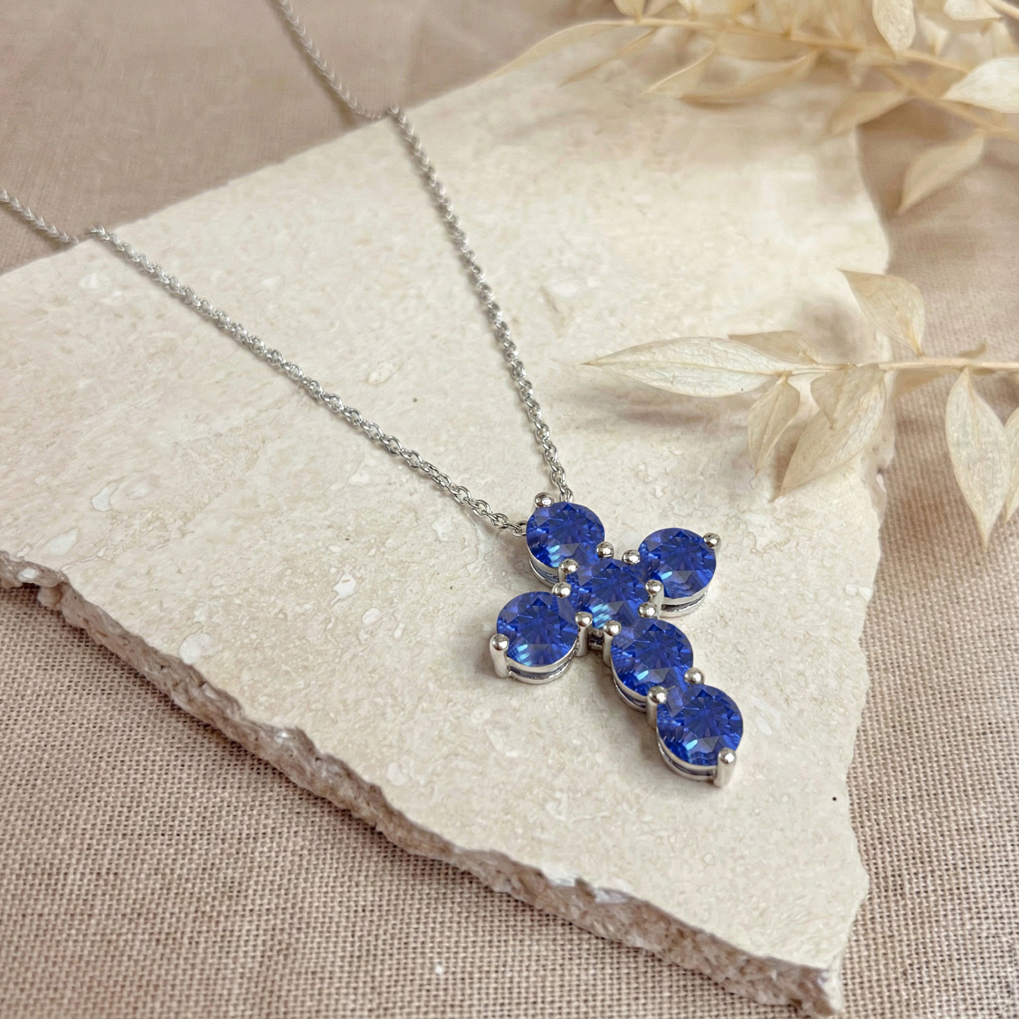 Blue Sapphire Round Cross Pendant Necklace in 925 Sterling Silver 3.90ct